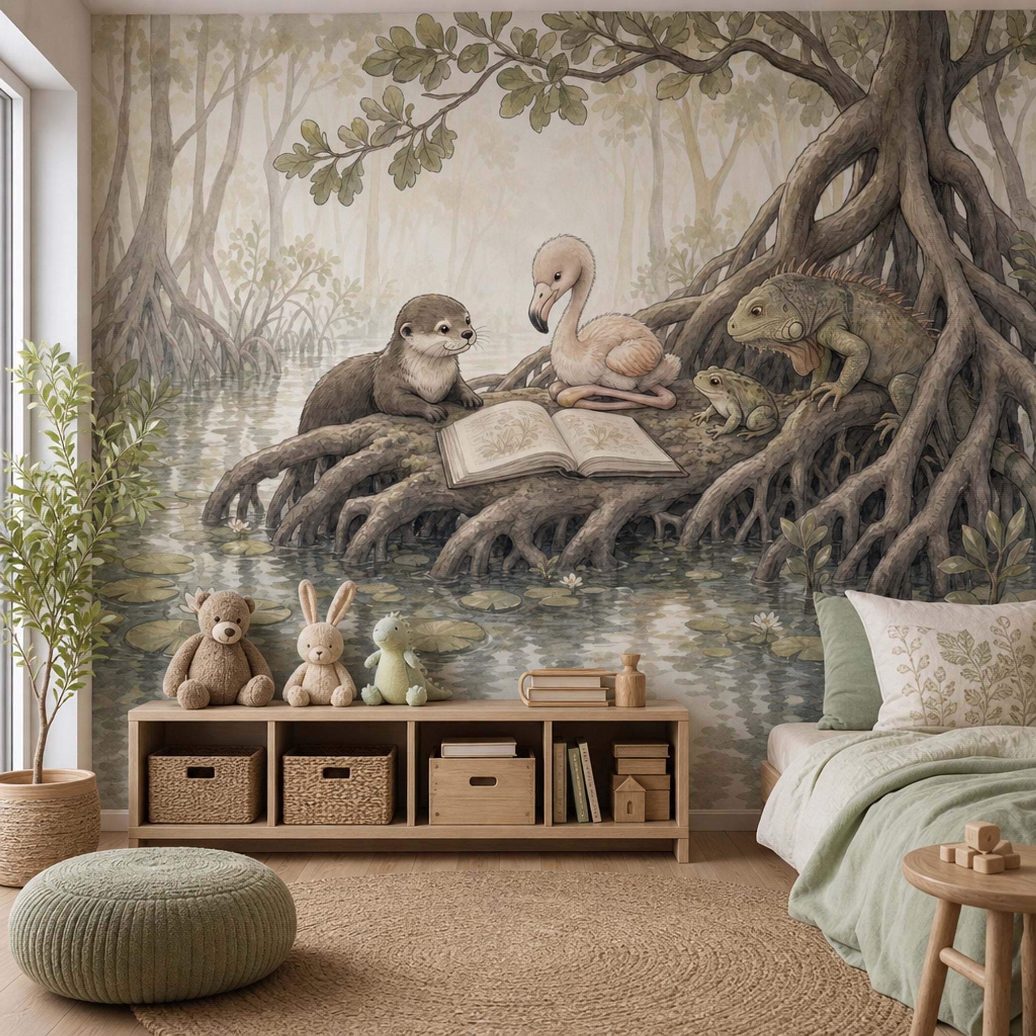 Storybook Illustration Wallpaper Wetland Landscape Removable Mangrove Roots Wall Decor