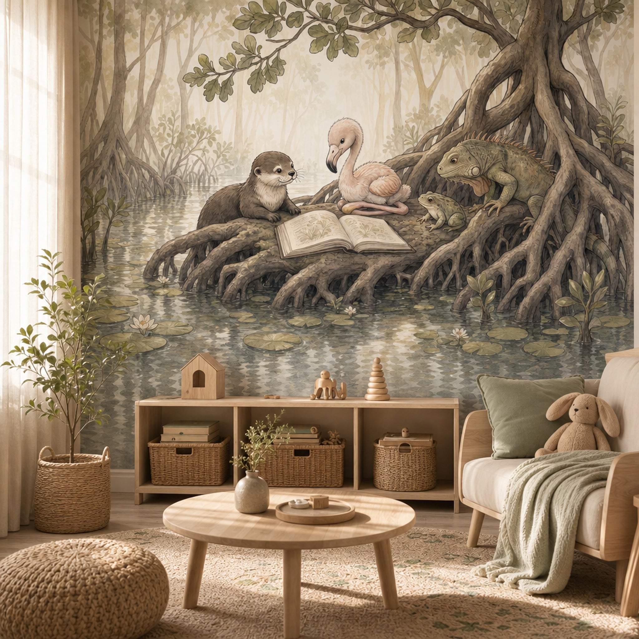 Storybook Illustration Wallpaper Wetland Landscape Removable Mangrove Roots Wall Decor