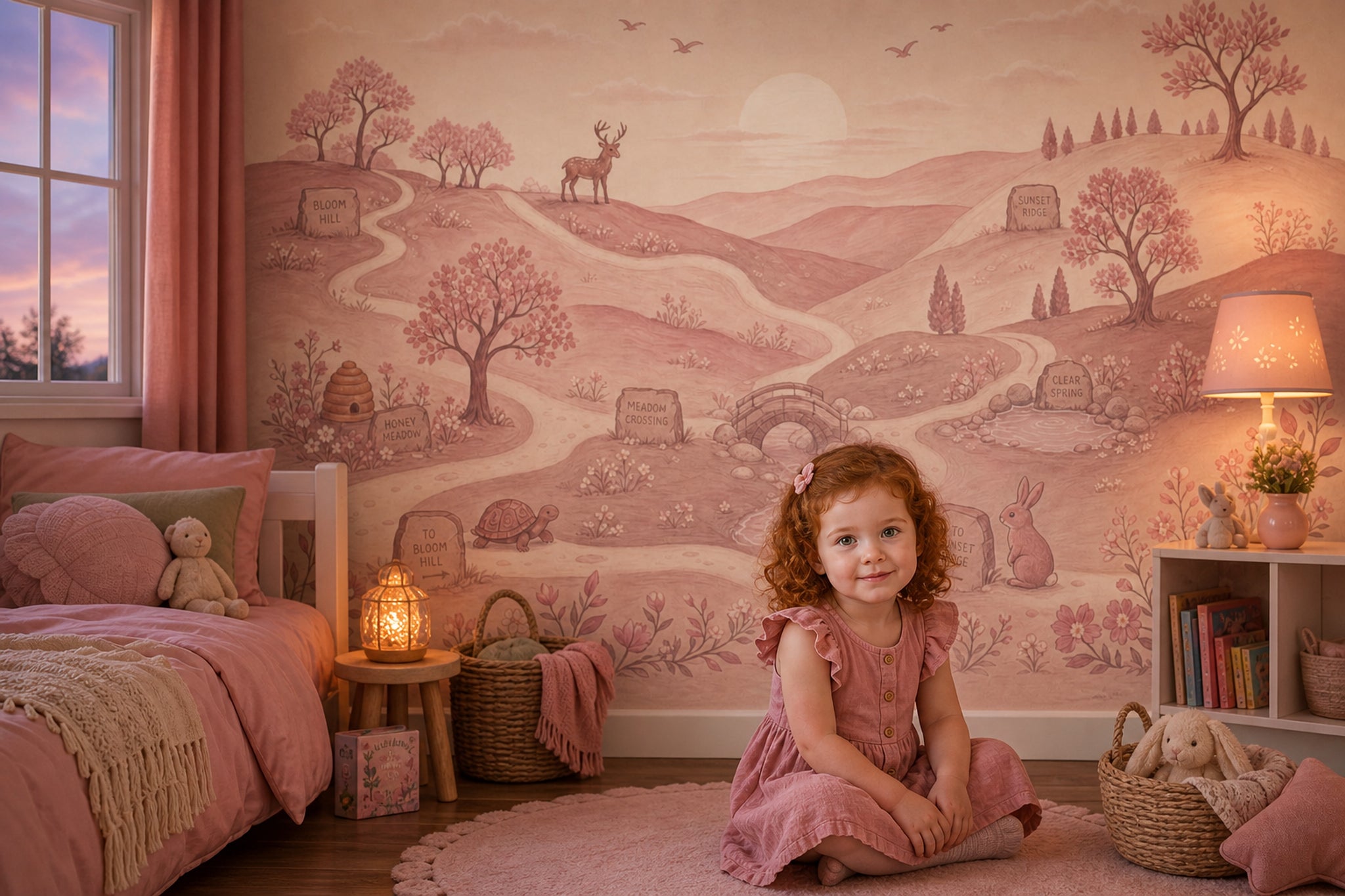 Storybook Landscape Wallpaper Rolling Hills Removable Pastel Pink Wall Decor