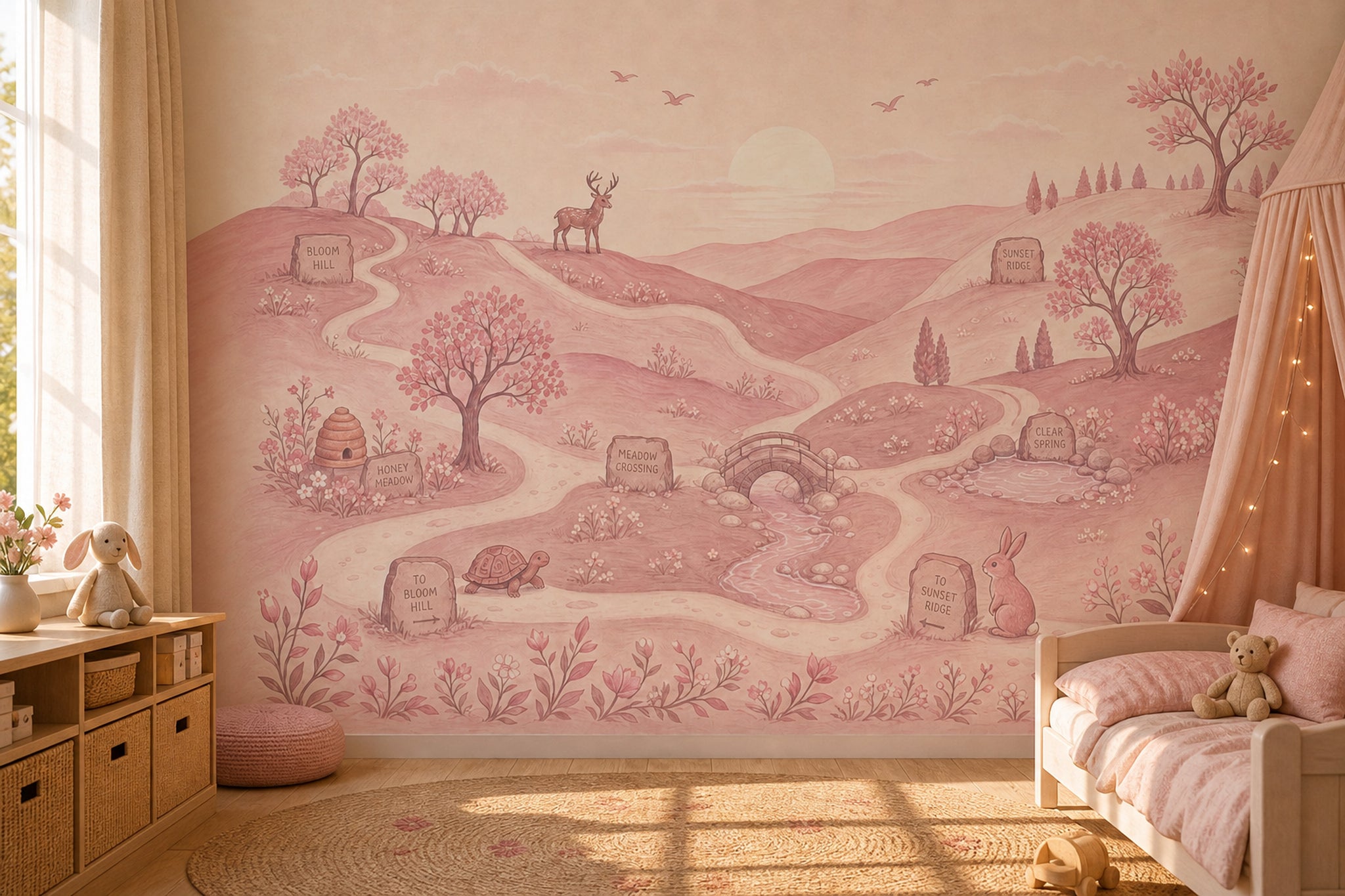 Storybook Landscape Wallpaper Rolling Hills Removable Pastel Pink Wall Decor