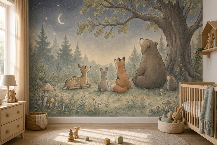 Dark Woodland Night Wallpaper Watercolor Illustration Removable Forest Animals Wall Decor