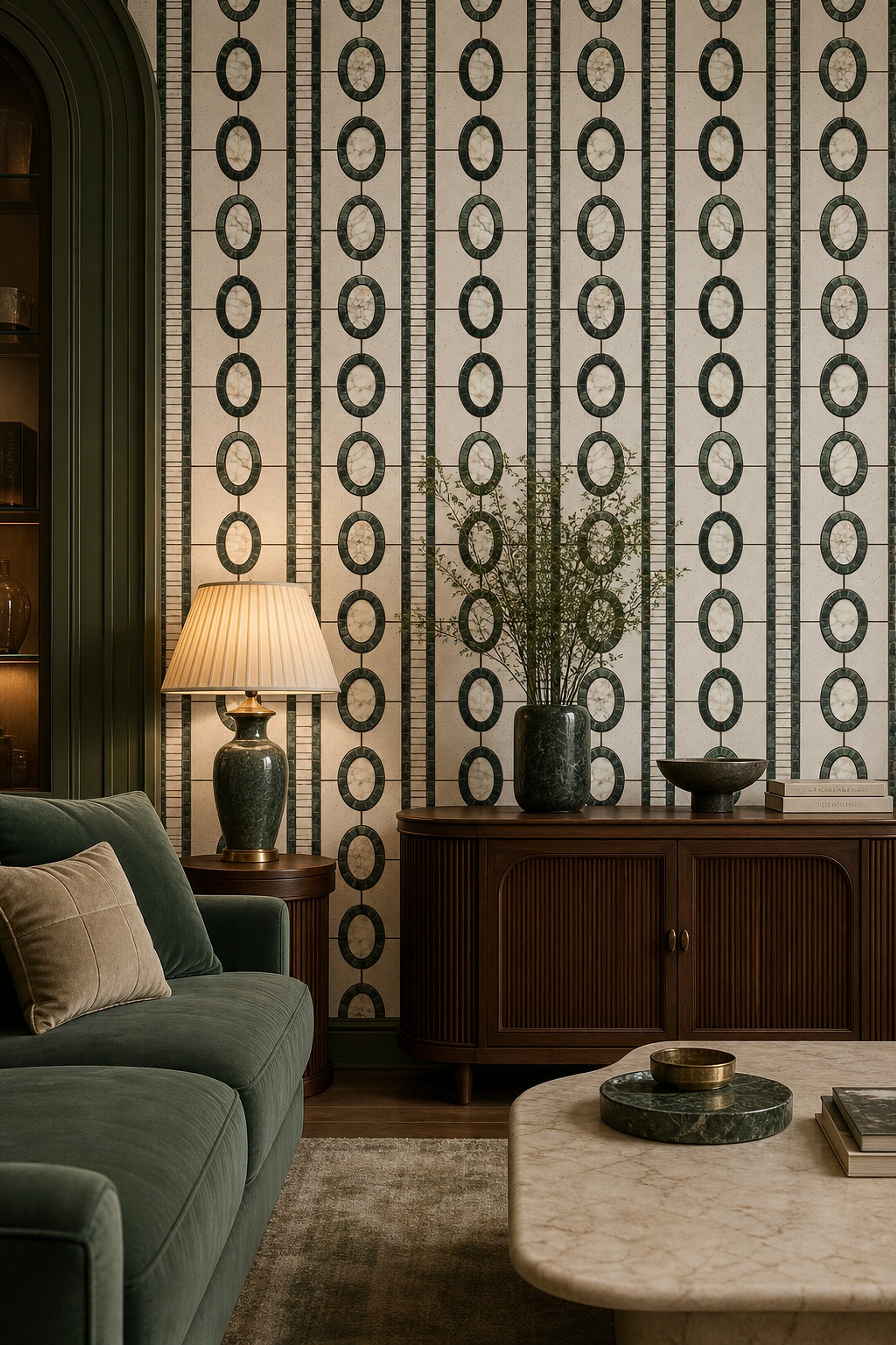 Geometric Mosaic Wallpaper Oval Medallions Art Deco Inspired Decorative Mural