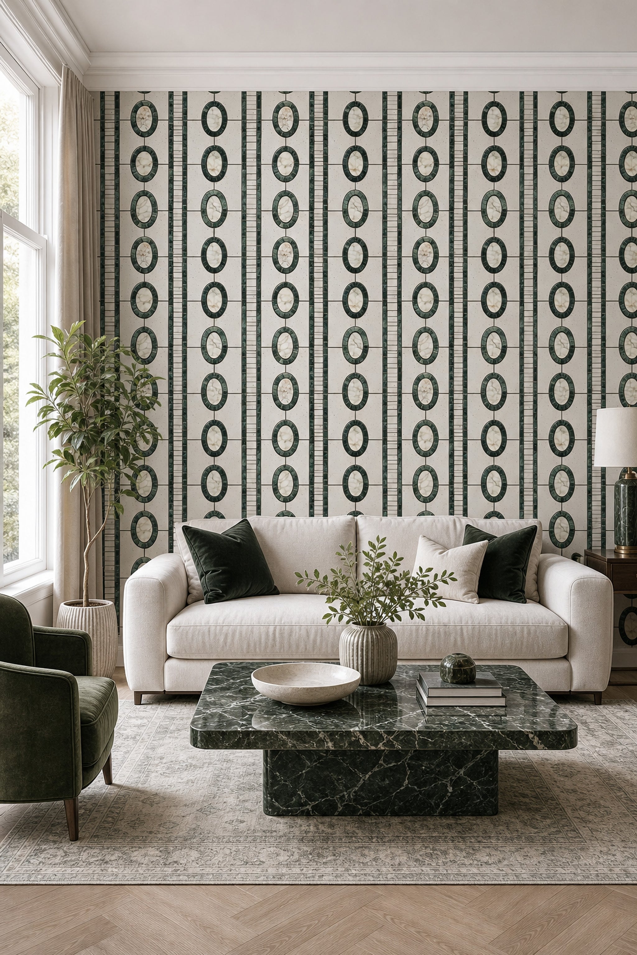 Geometric Mosaic Wallpaper Oval Medallions Art Deco Inspired Decorative Mural