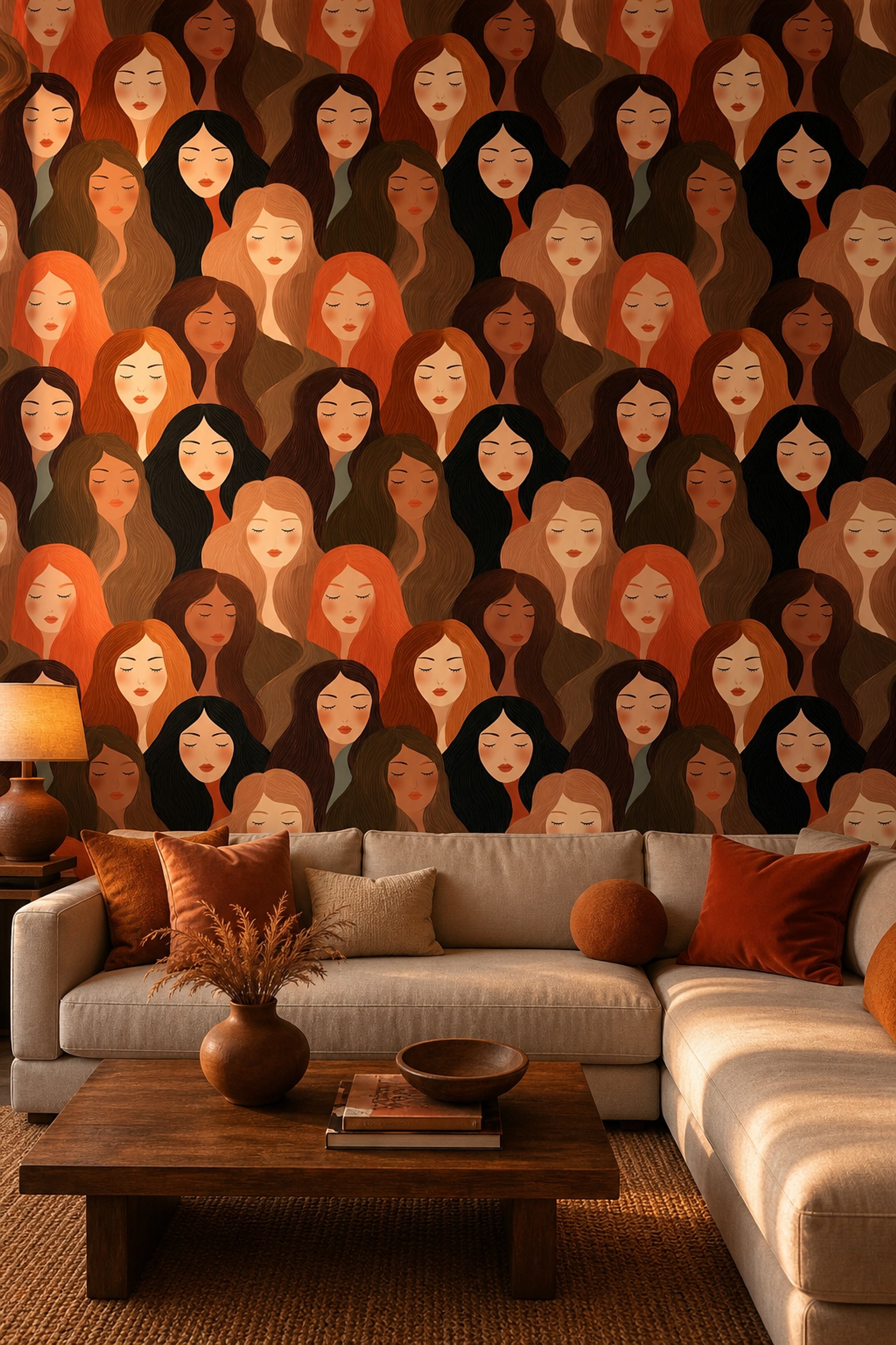 Abstract Portrait Pattern Wallpaper Women Faces Diverse Skin Tones Removable Wall Decor