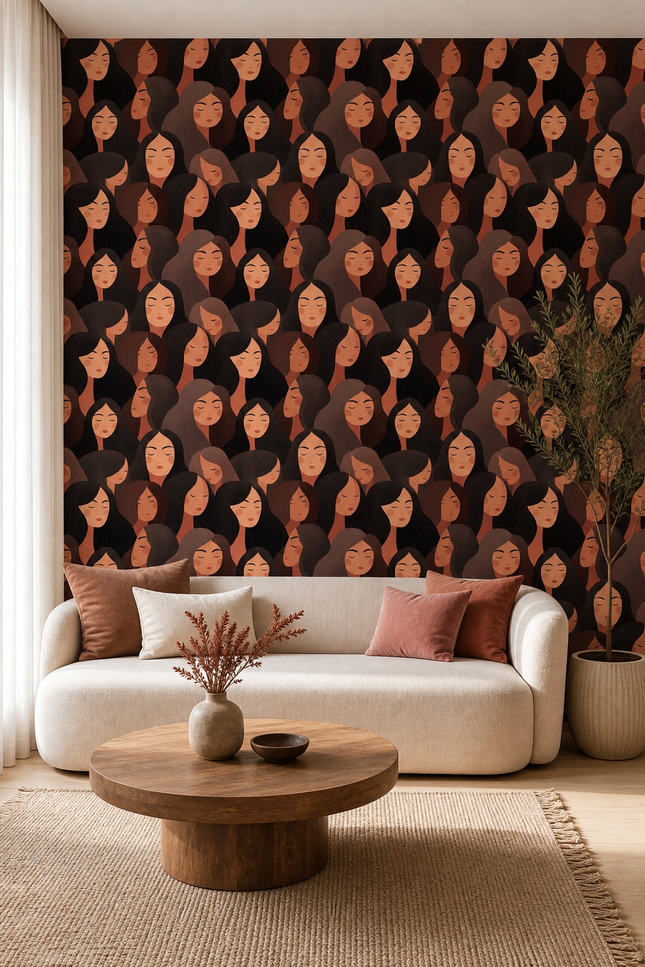 Abstract Portrait Pattern Wallpaper Stylized Women Faces Modern Minimalist Illustration Decorative Mural