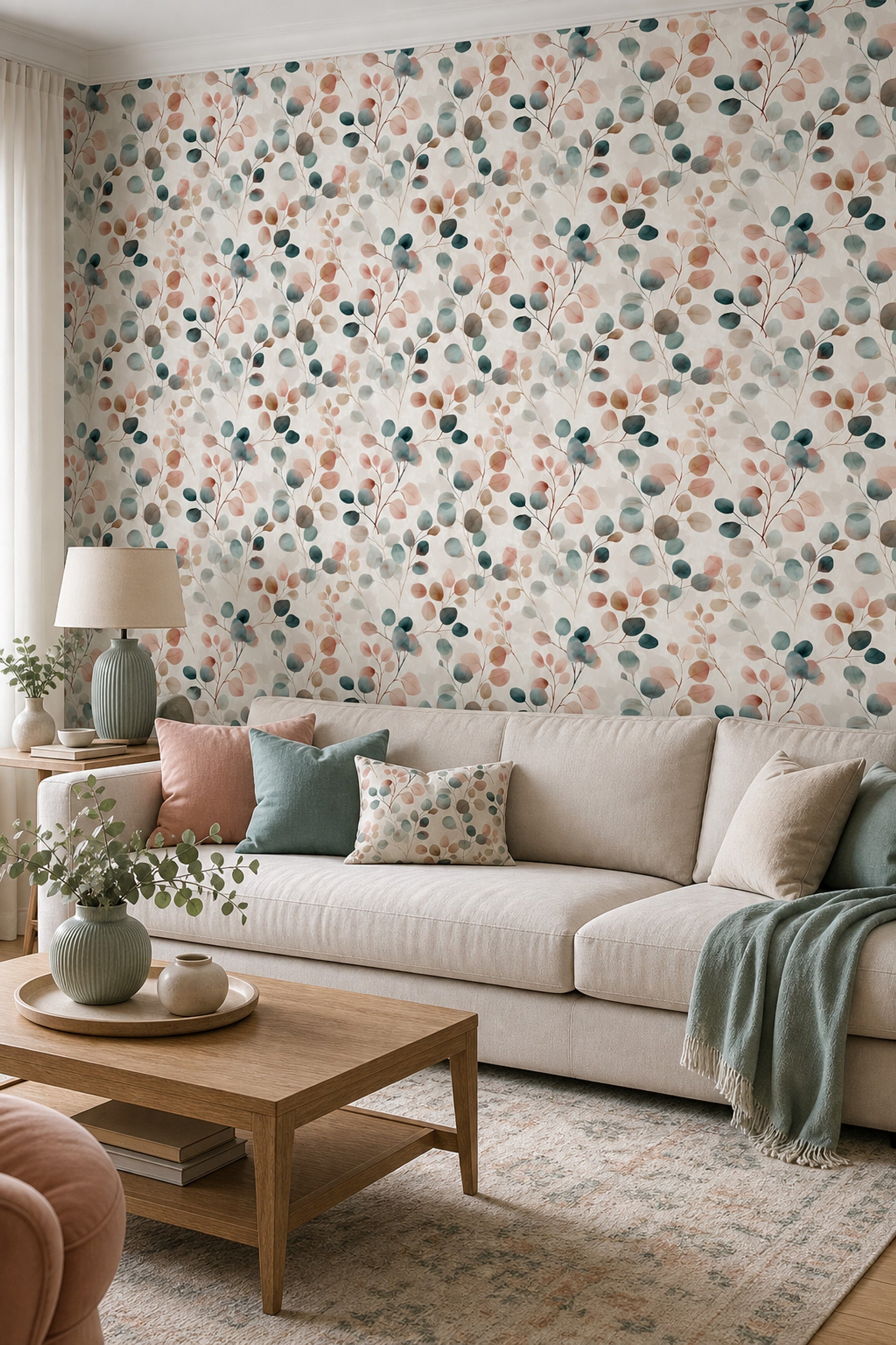 Watercolor Botanical Wallpaper Eucalyptus Leaves Removable Soft Pastel Wall Double Roll