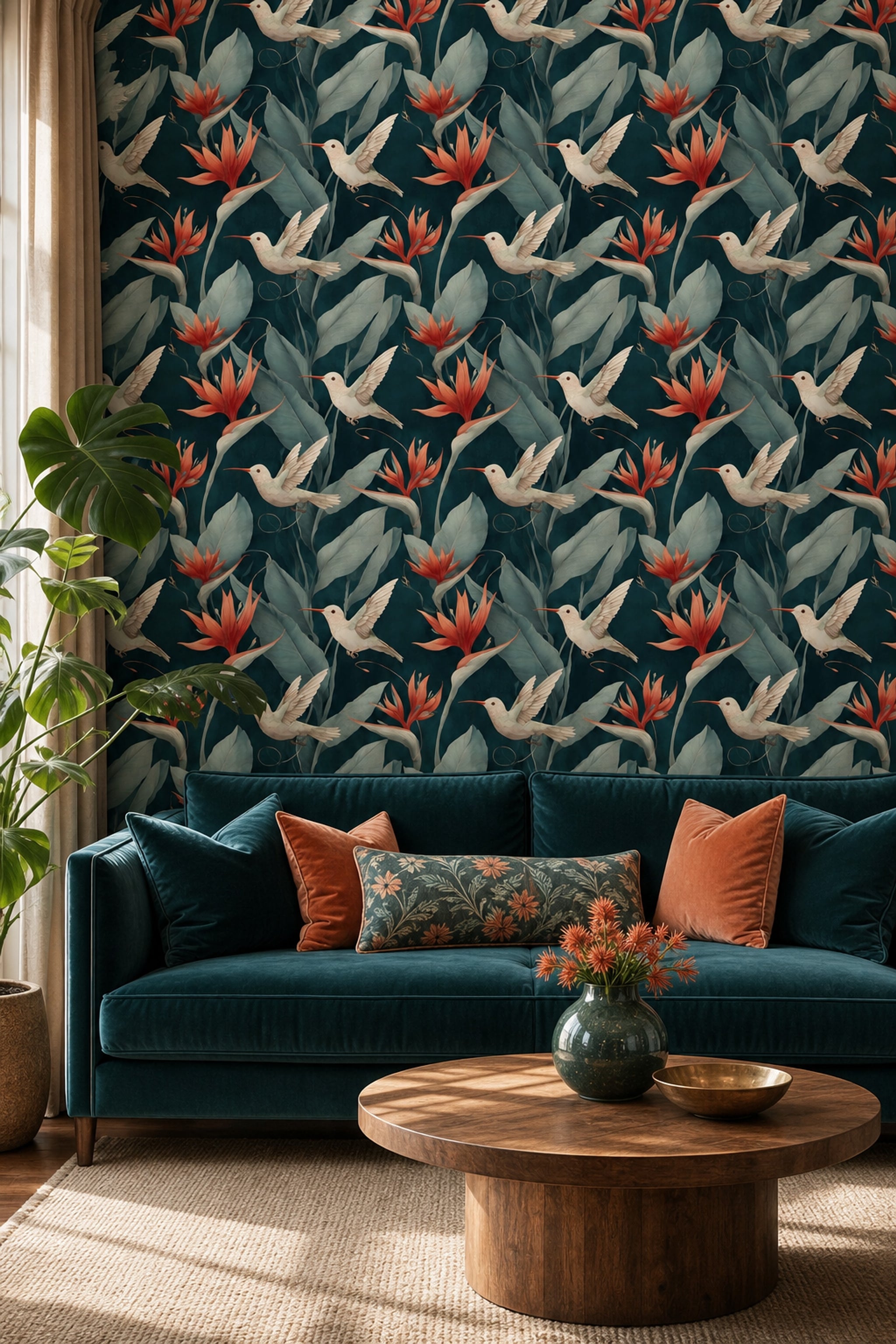 Tropical Botanical Wallpaper Hummingbirds Moody Nature Decorative Mural