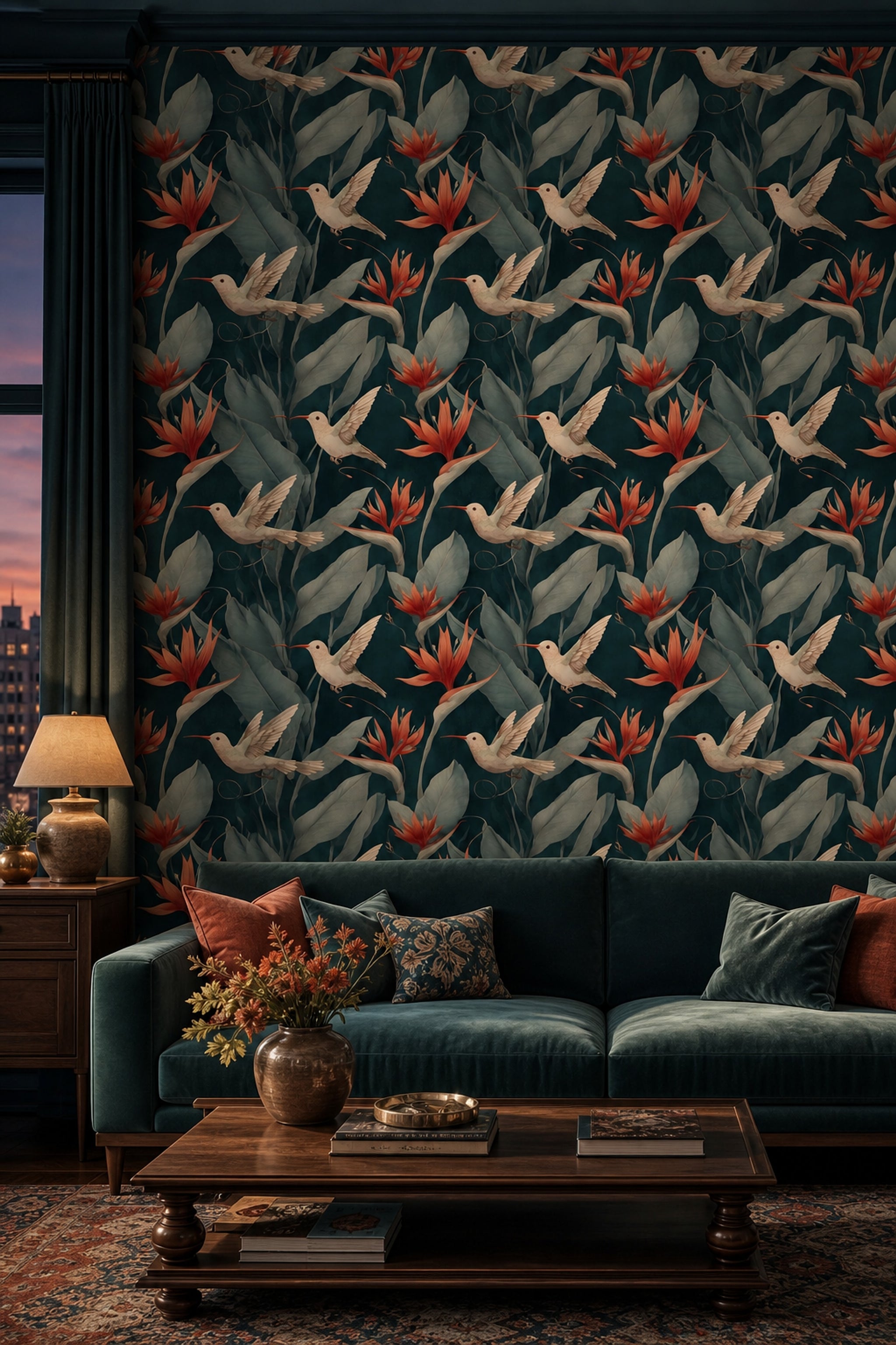 Tropical Botanical Wallpaper Hummingbirds Moody Nature Decorative Mural