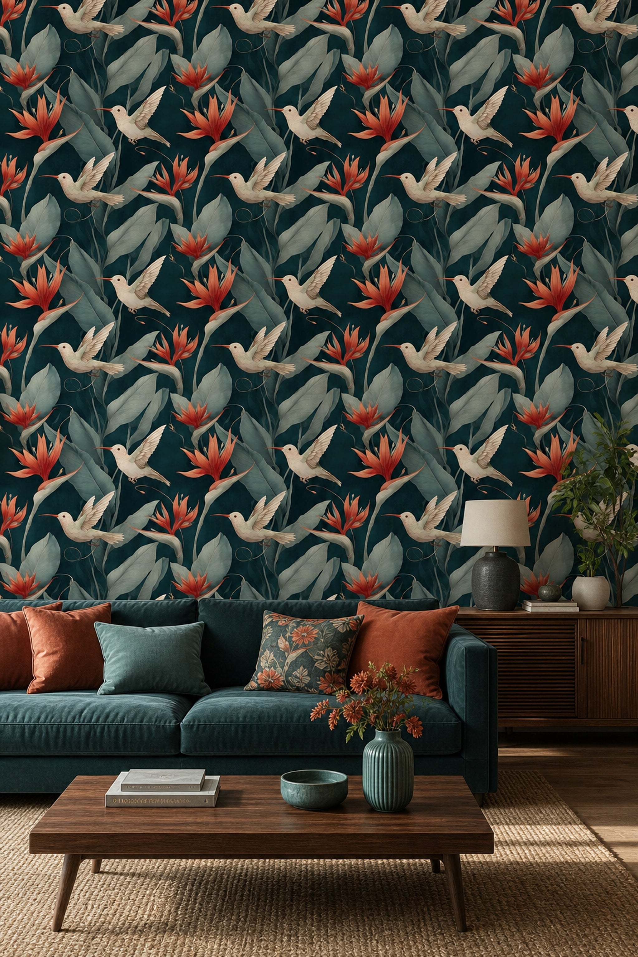 Tropical Botanical Wallpaper Hummingbirds Moody Nature Decorative Mural