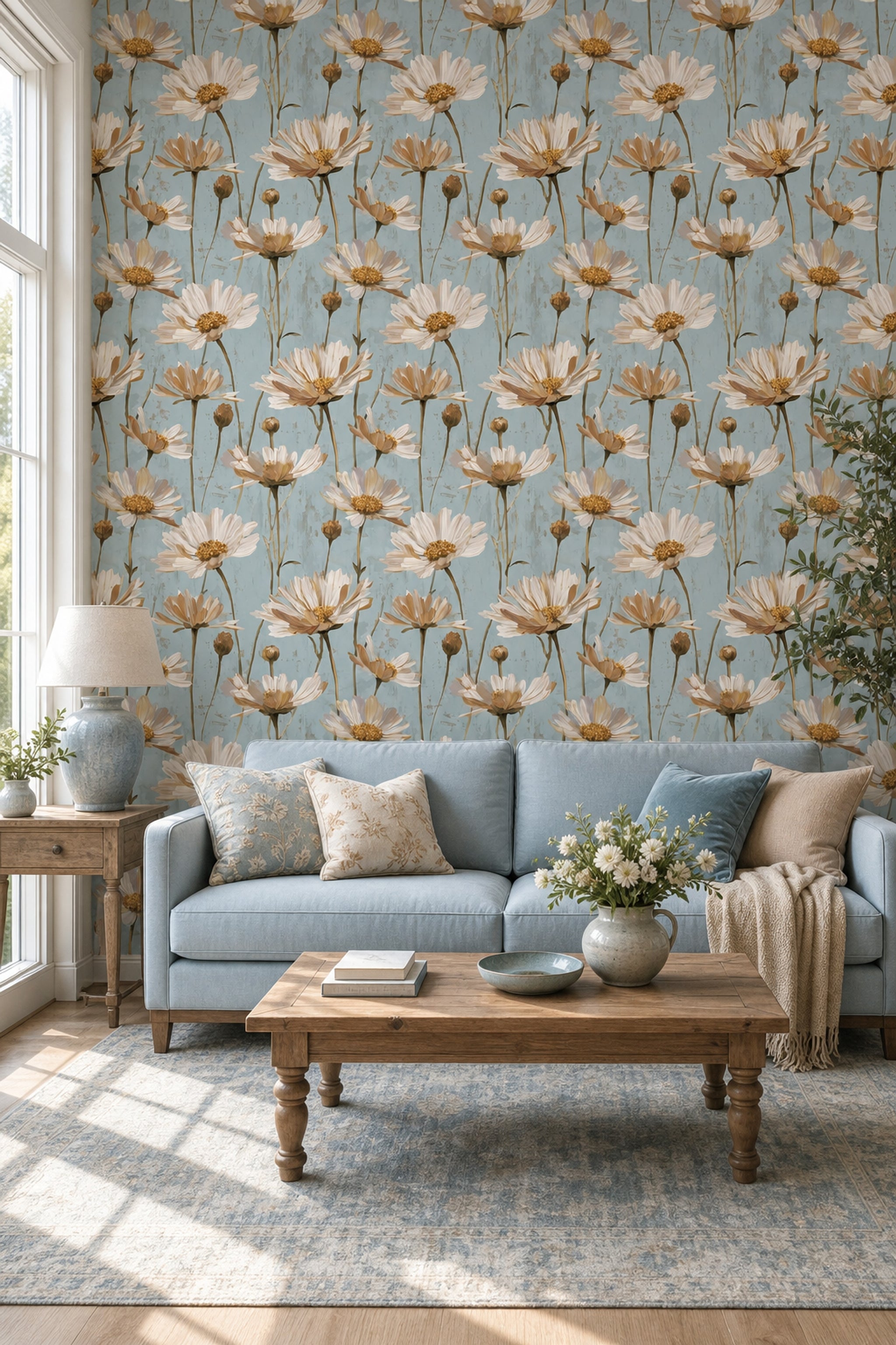Floral Wallpaper Oversized Daisies Dusty Blue Background Decorative Mural