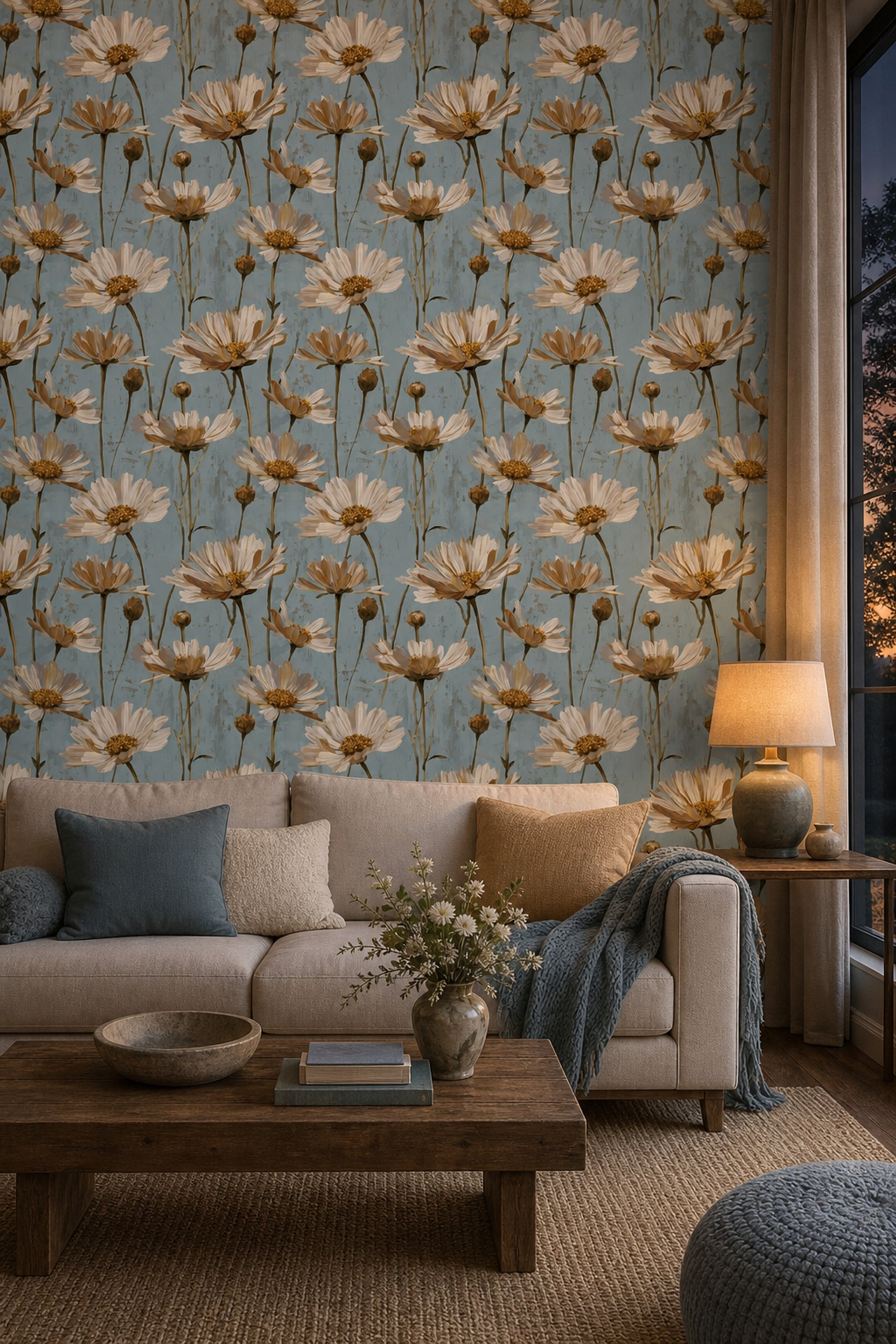 Floral Wallpaper Oversized Daisies Dusty Blue Background Decorative Mural