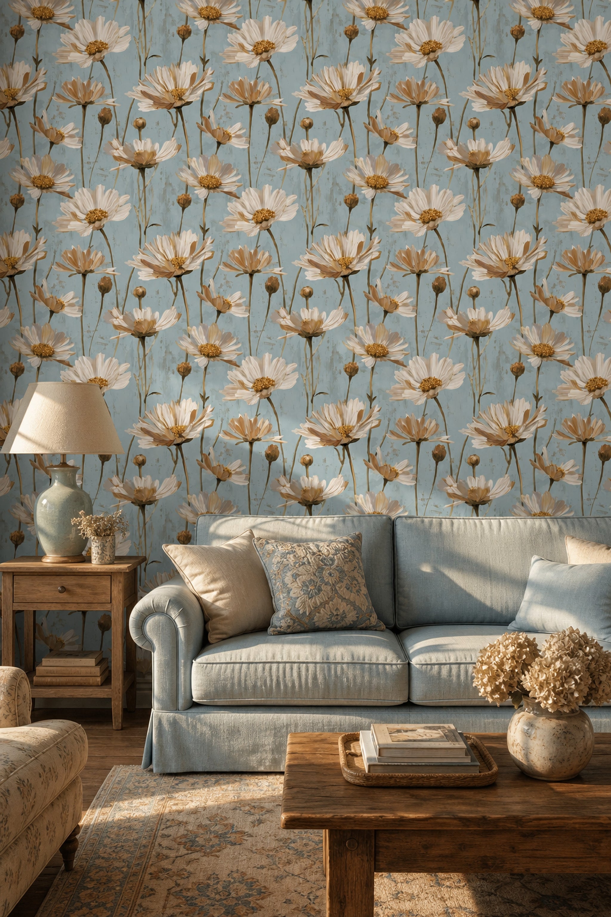 Floral Wallpaper Oversized Daisies Dusty Blue Background Decorative Mural
