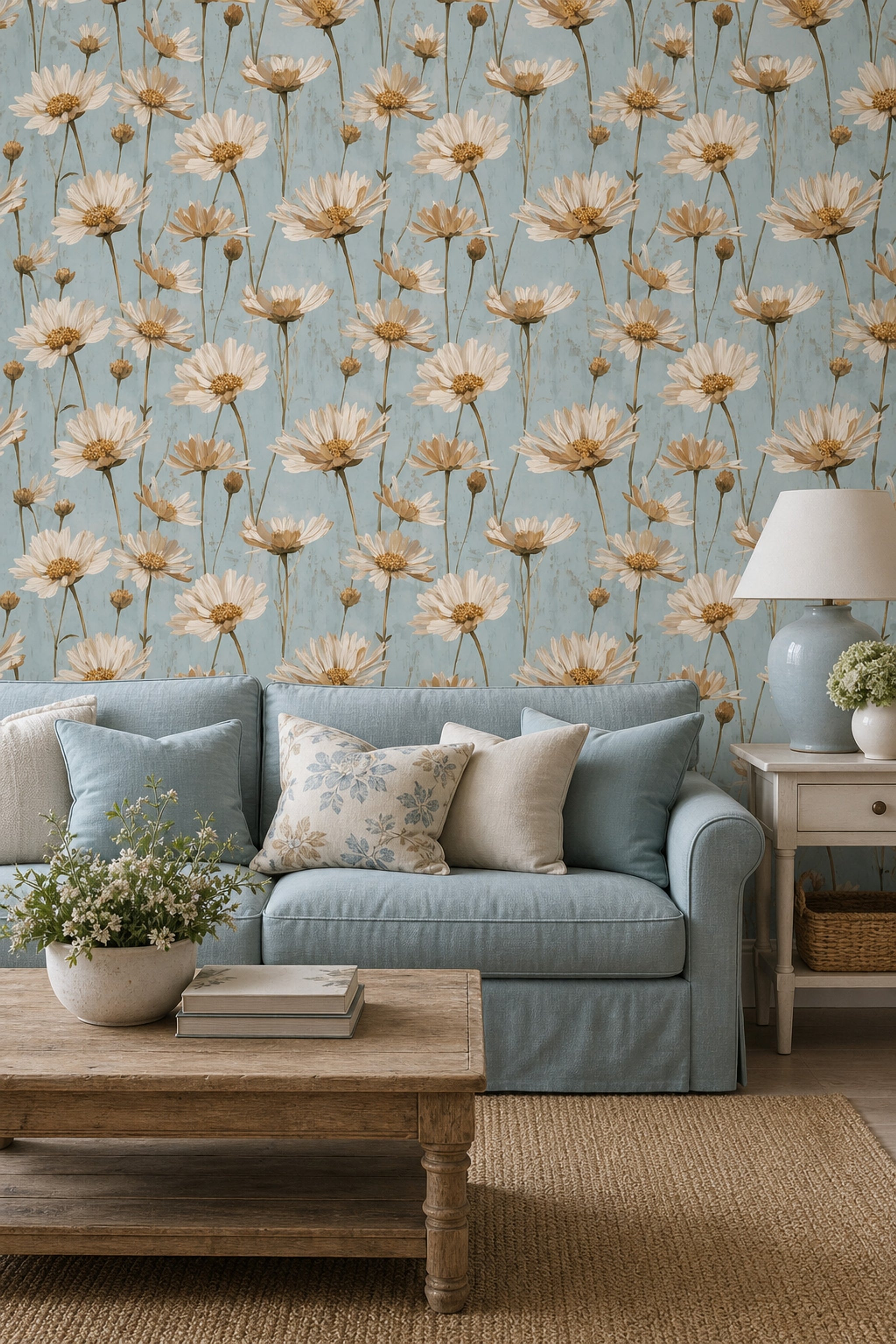 Floral Wallpaper Oversized Daisies Dusty Blue Background Decorative Mural
