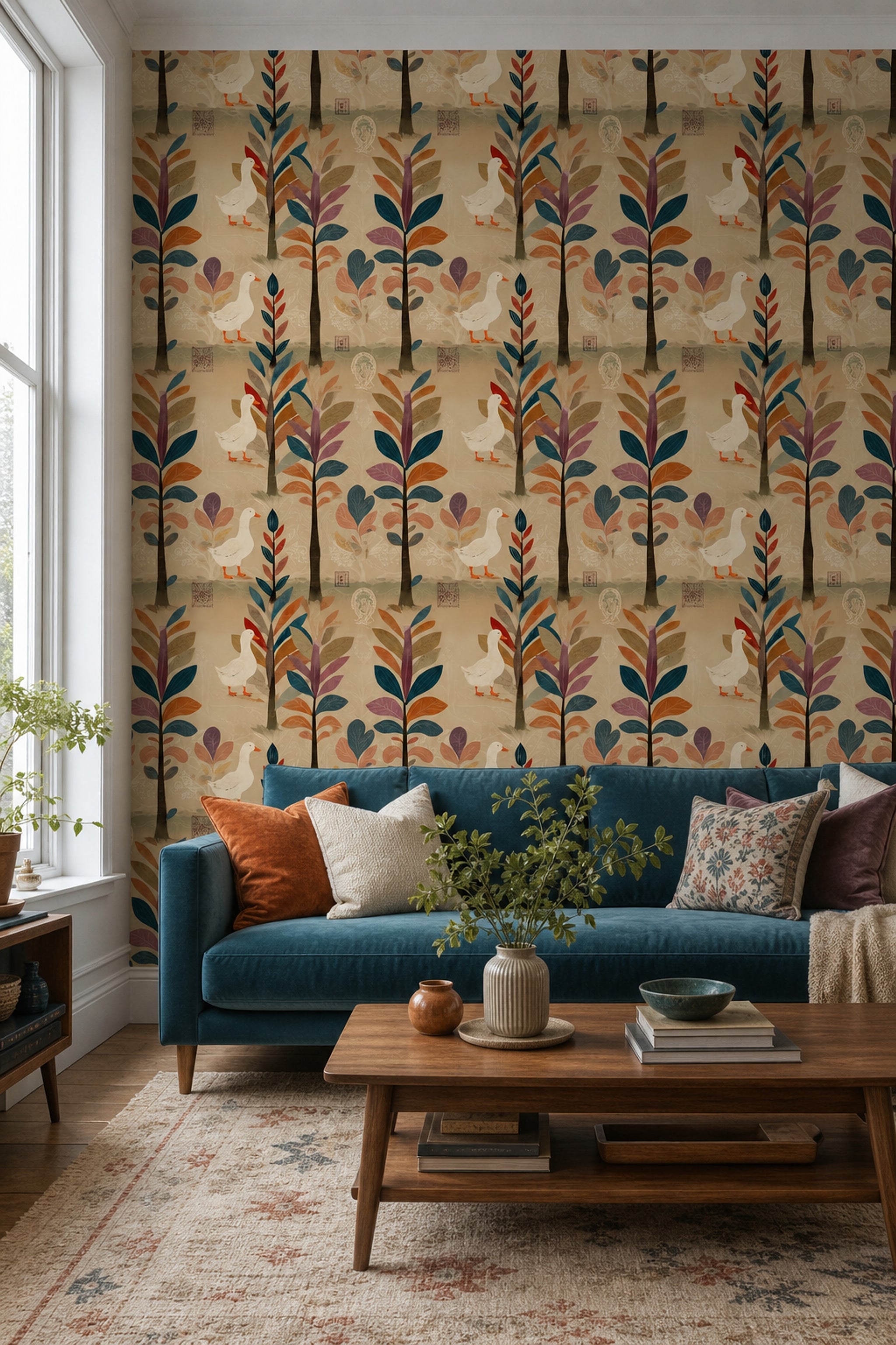 Whimsical Woodland Wallpaper Ducks Geese Removable Folk Art Wall Double Roll