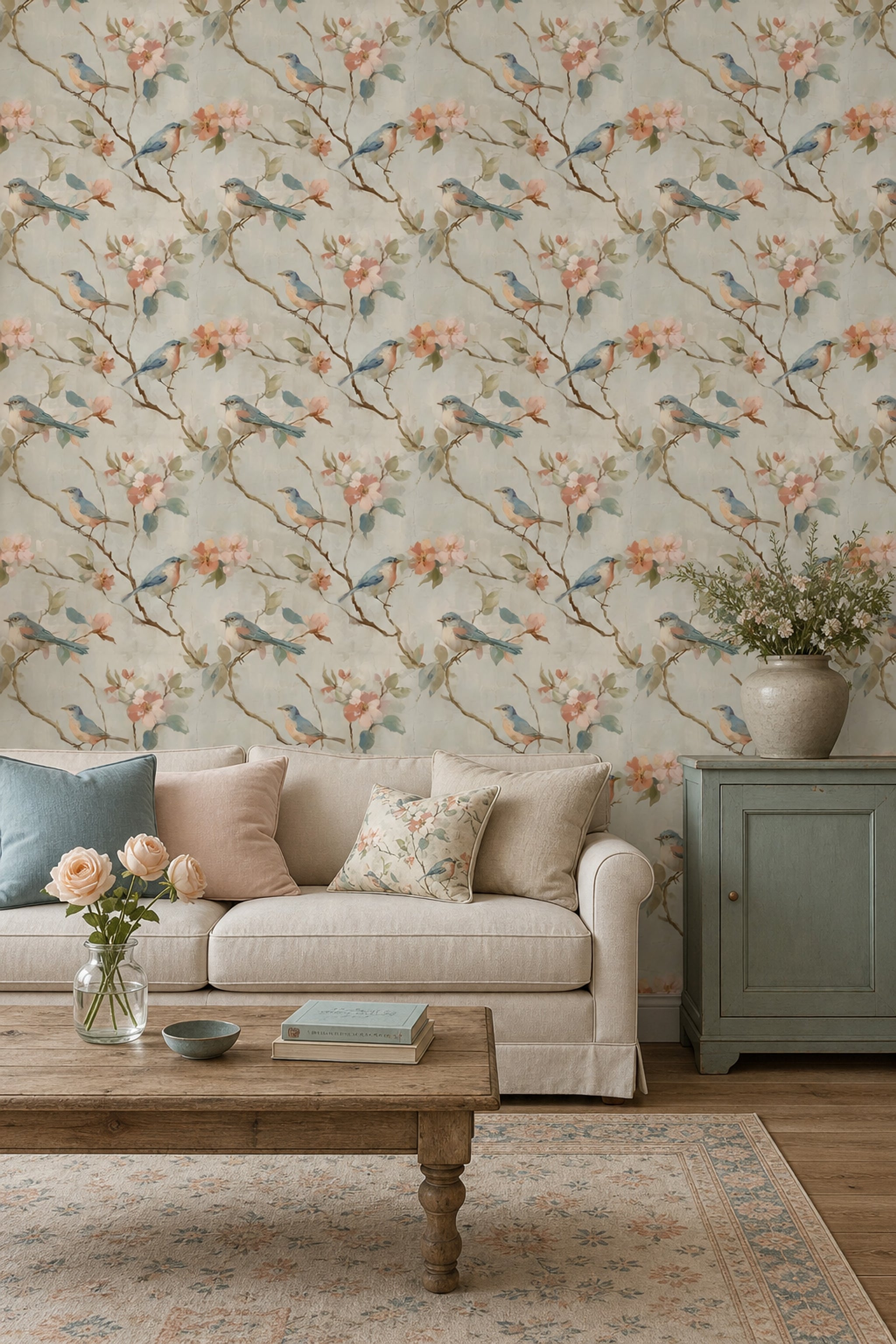 Muted Green Wallpaper Watercolor Bird Removable Wall Decor