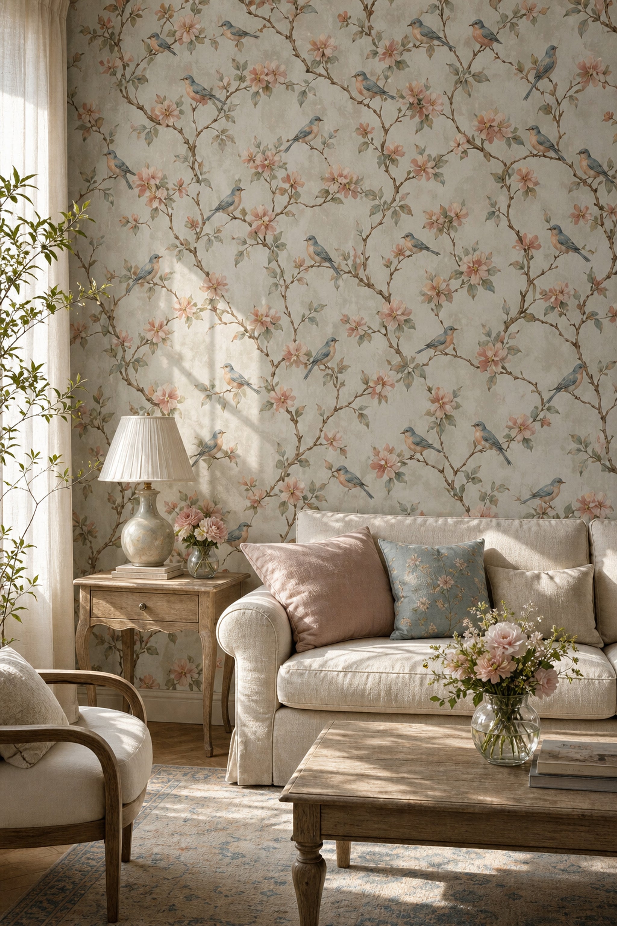 Muted Green Wallpaper Watercolor Bird Removable Wall Decor