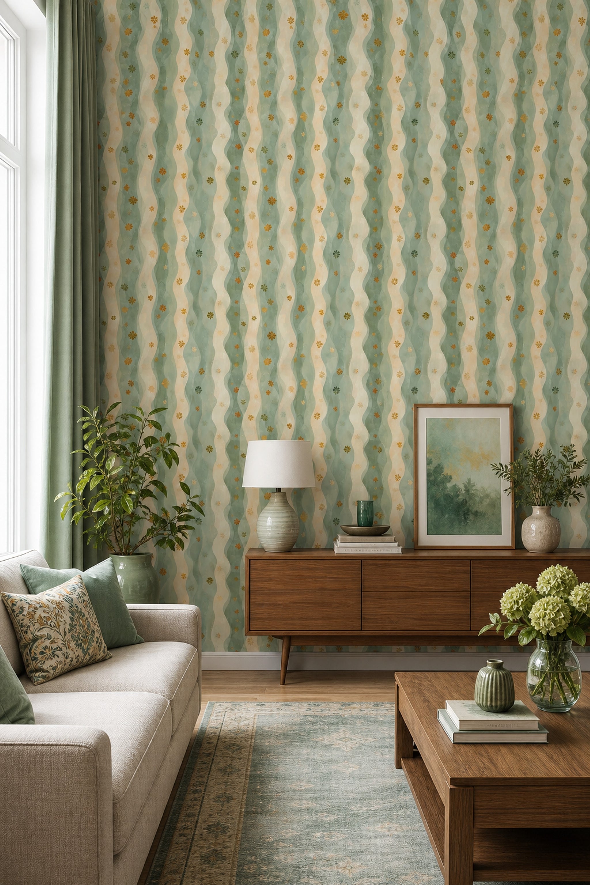 Abstract Wavy Stripes Wallpaper Sage Green Cream Decorative Mural
