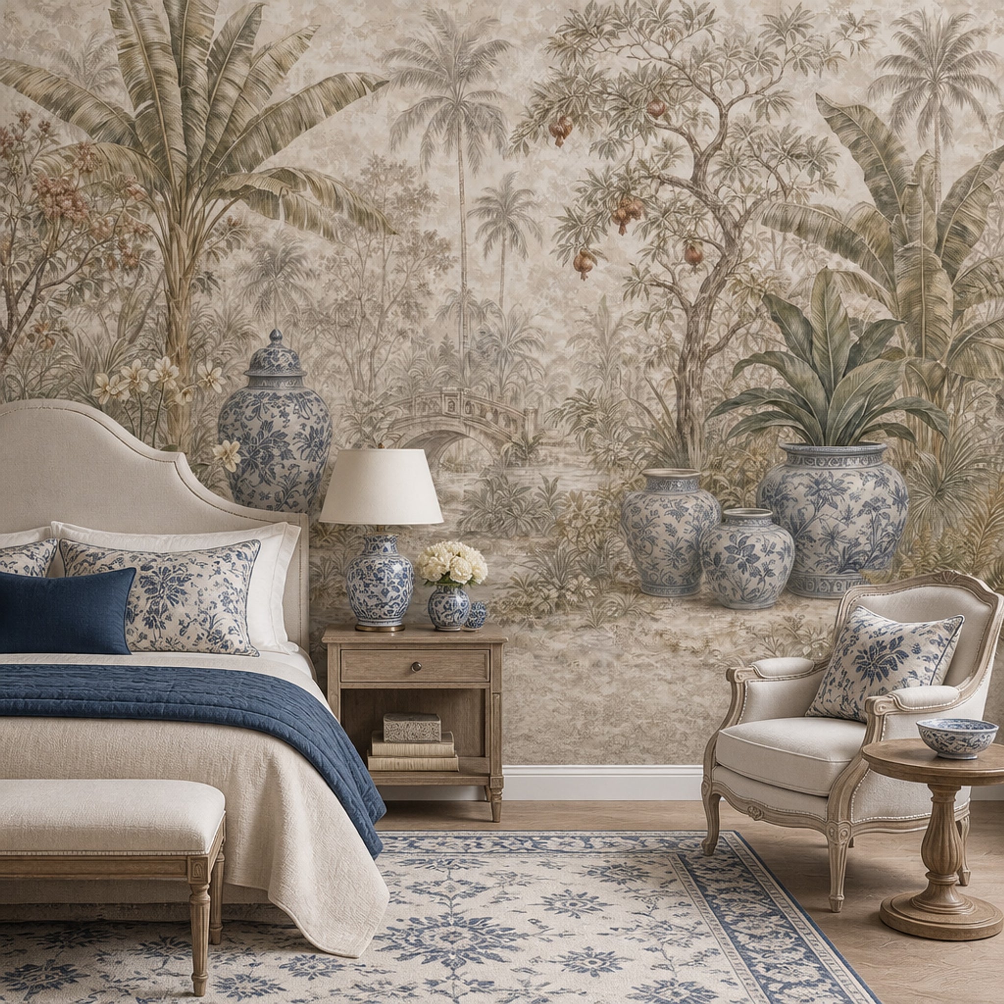 Tropical Landscape Wallpaper Palm Trees Removable Blue And White Porcelain Wall Decor