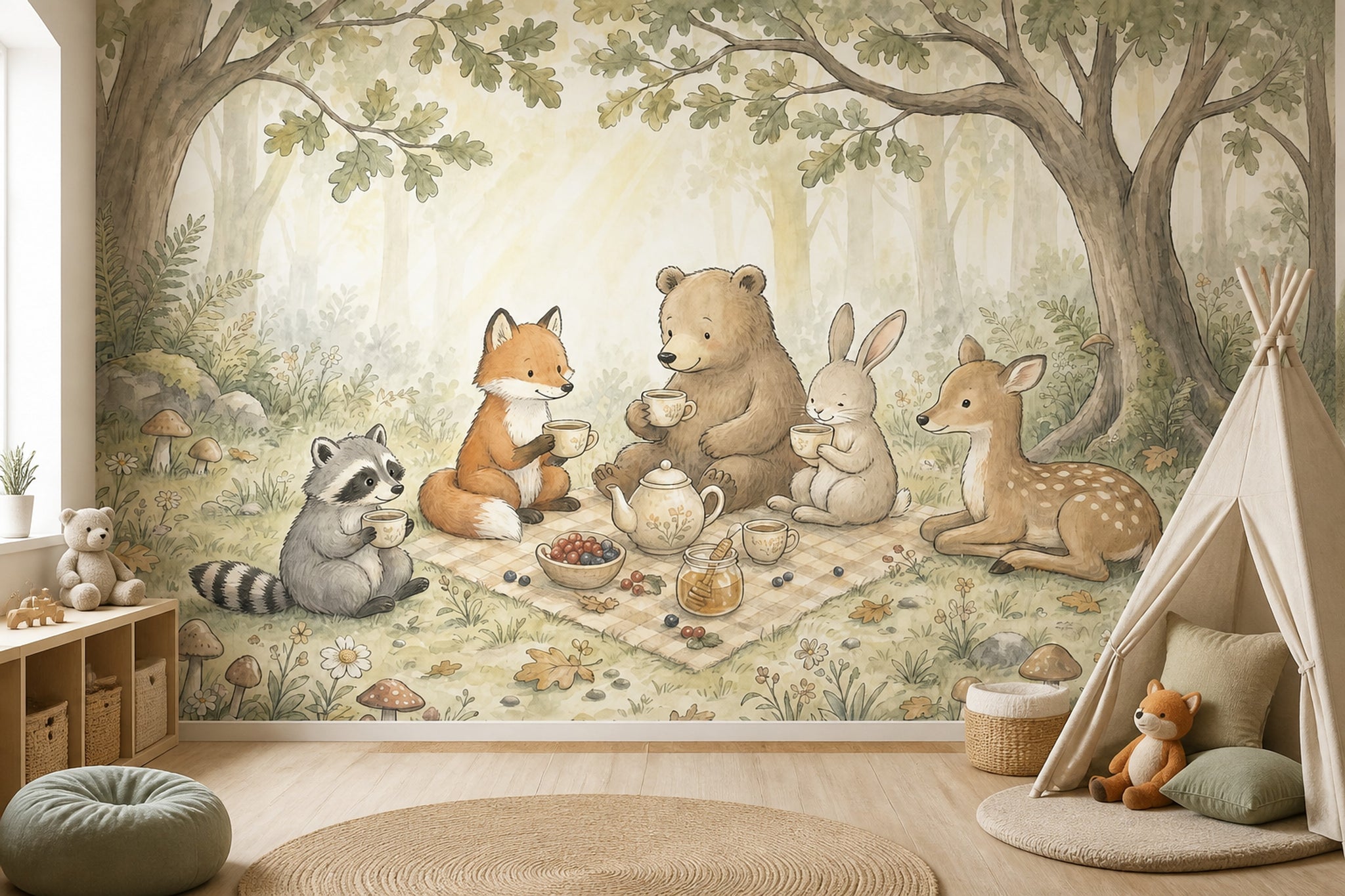 Misty Forest Wallpaper Woodland Watercolor Wall Mural