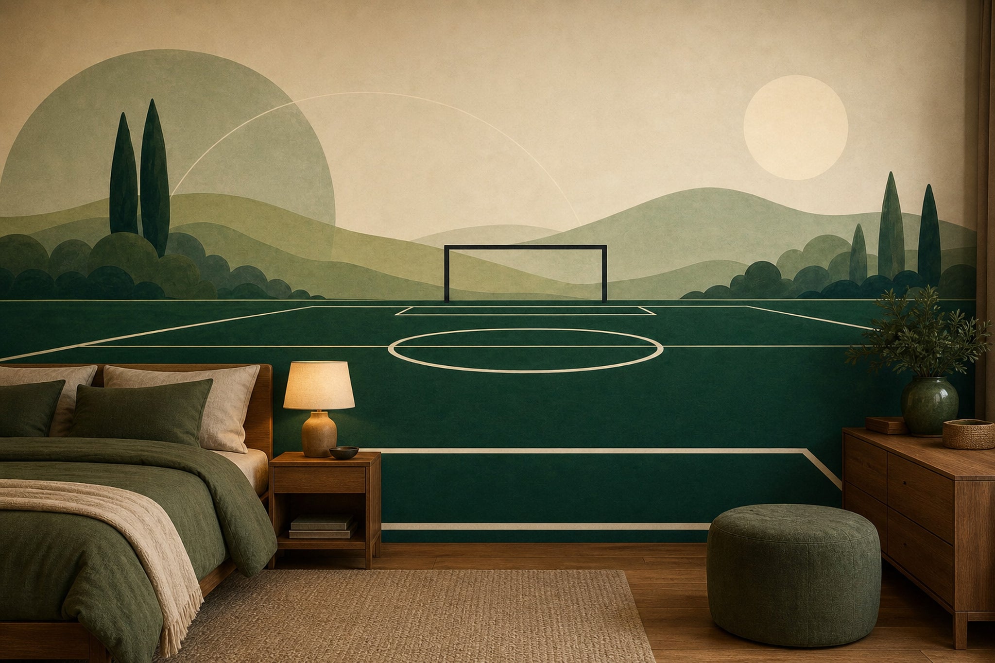 Muted Green Wallpaper Soccer Field Landscape Removable Wall Decor