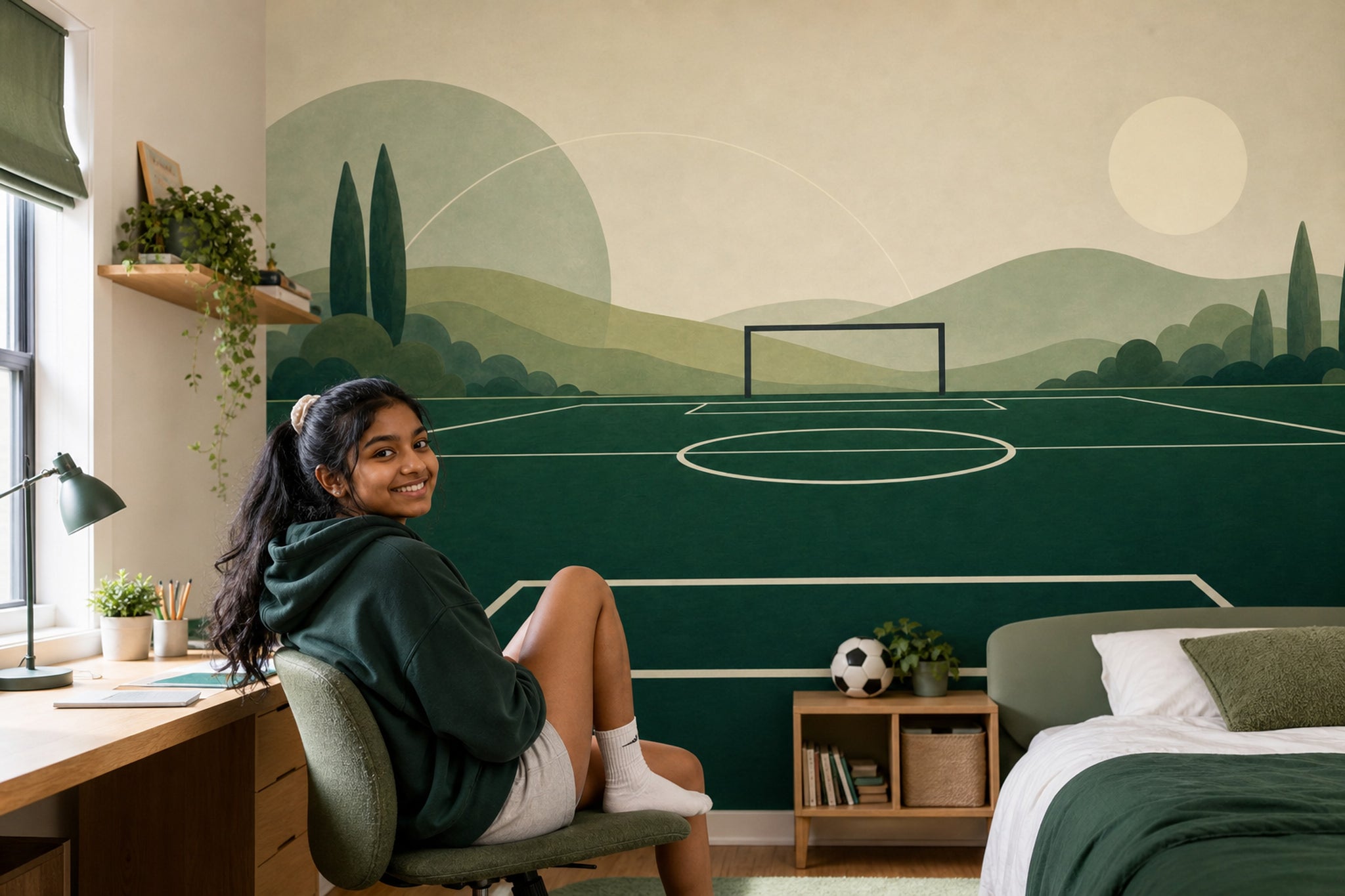 Muted Green Wallpaper Soccer Field Landscape Removable Wall Decor