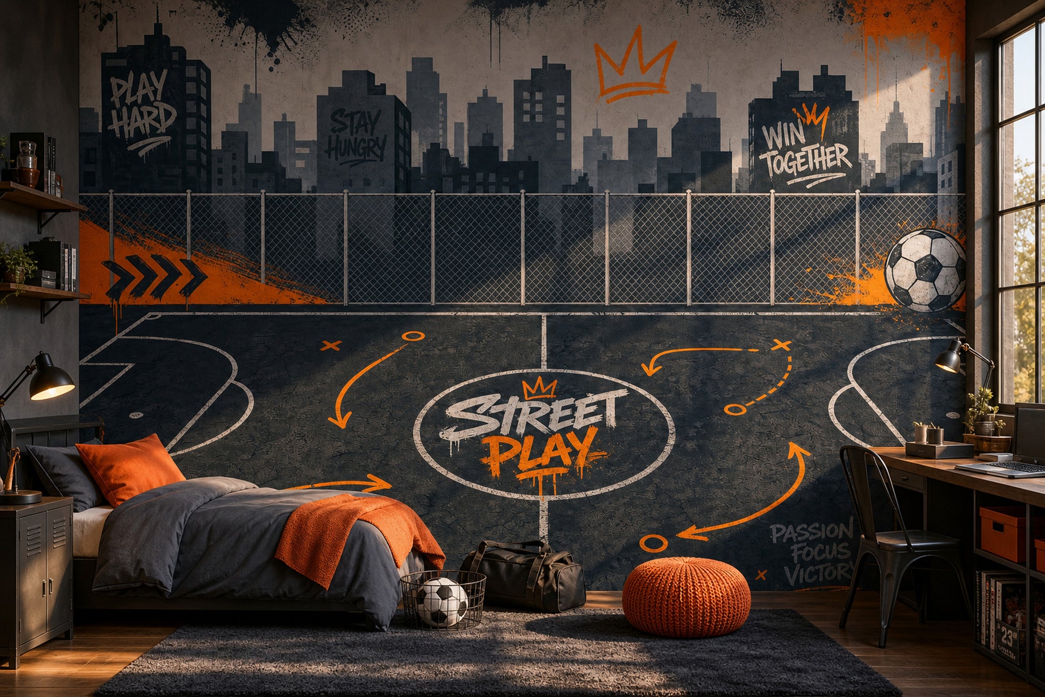 Street Sports Court Wallpaper City Skyline Removable Graffiti Typography Wall Decor