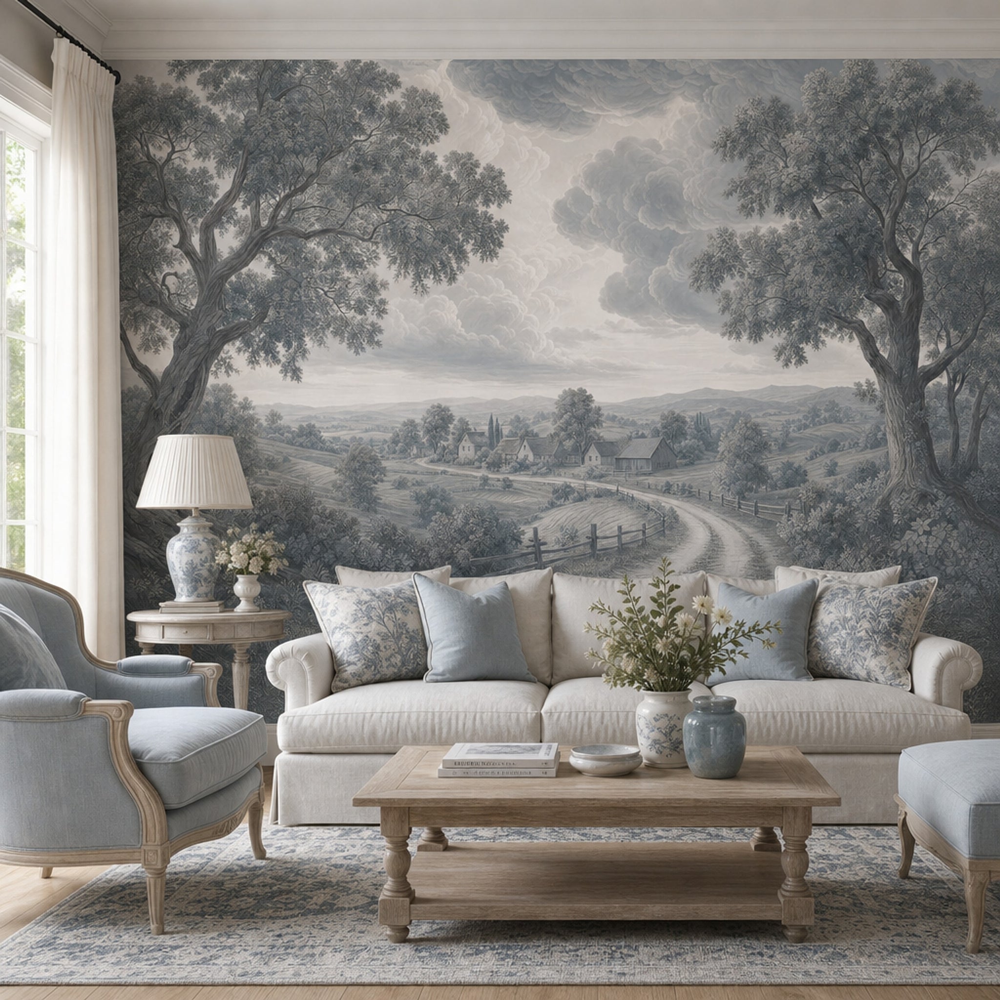 Pastoral Landscape Wallpaper Country Farmhouse Rolling Hills Removable Wall Decor