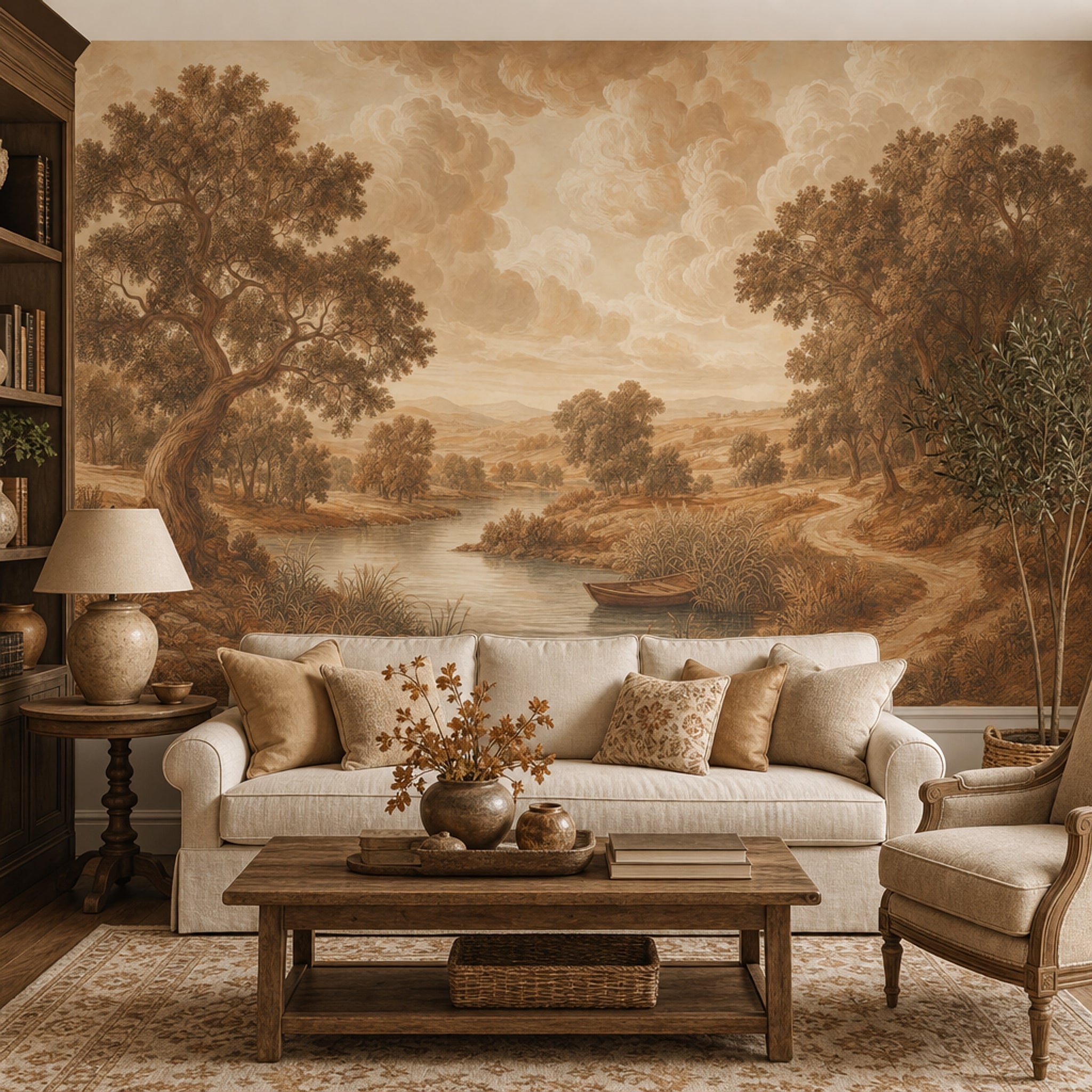Sepia Landscape Wallpaper Pastoral Countryside River And Reeds Wall Mural