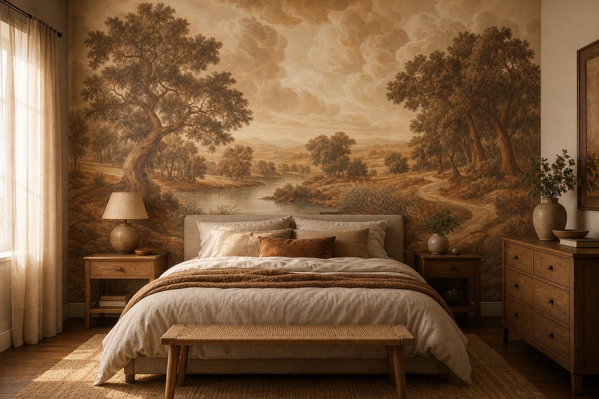 Sepia Landscape Wallpaper Pastoral Countryside River And Reeds Wall Mural