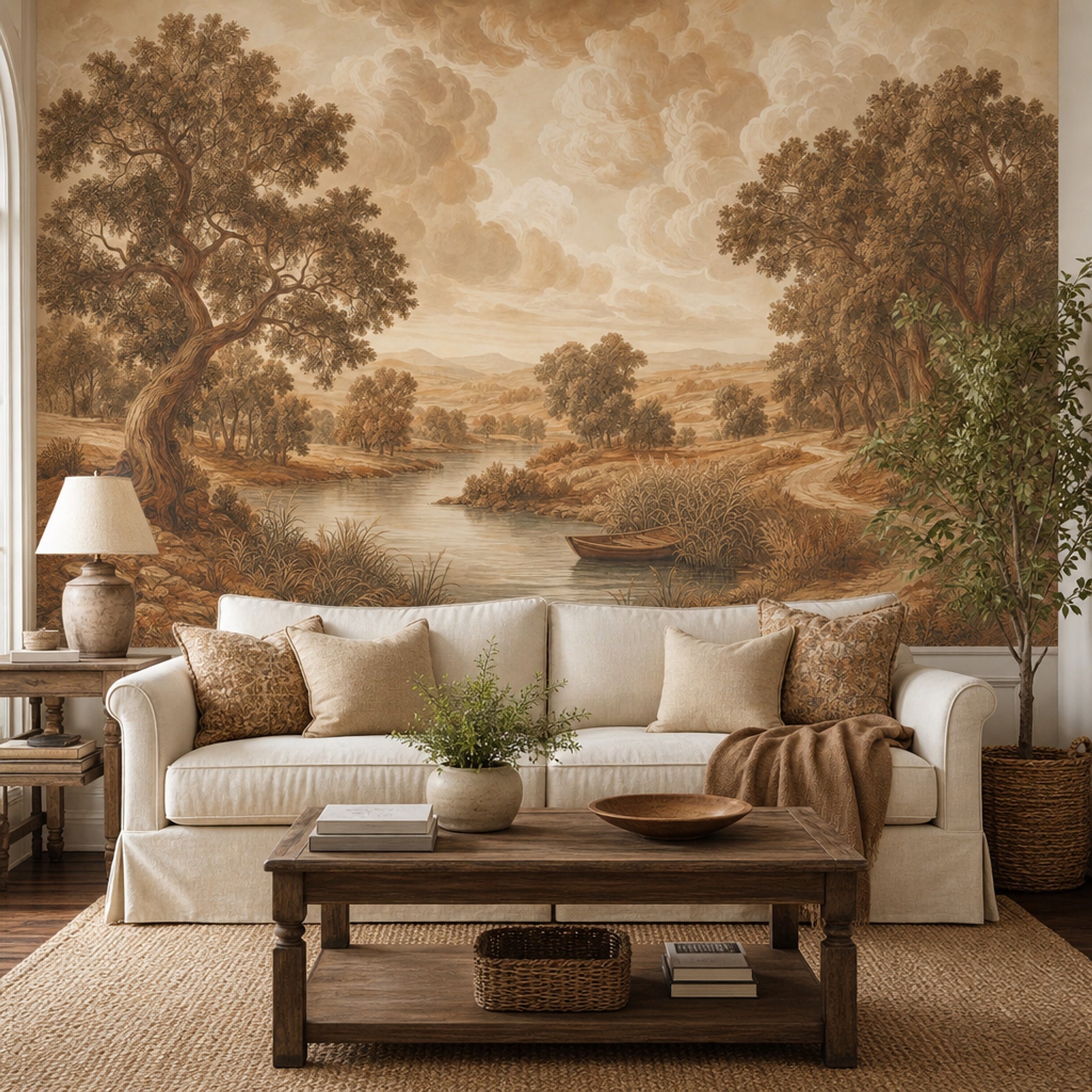 Sepia Landscape Wallpaper Pastoral Countryside River And Reeds Wall Mural