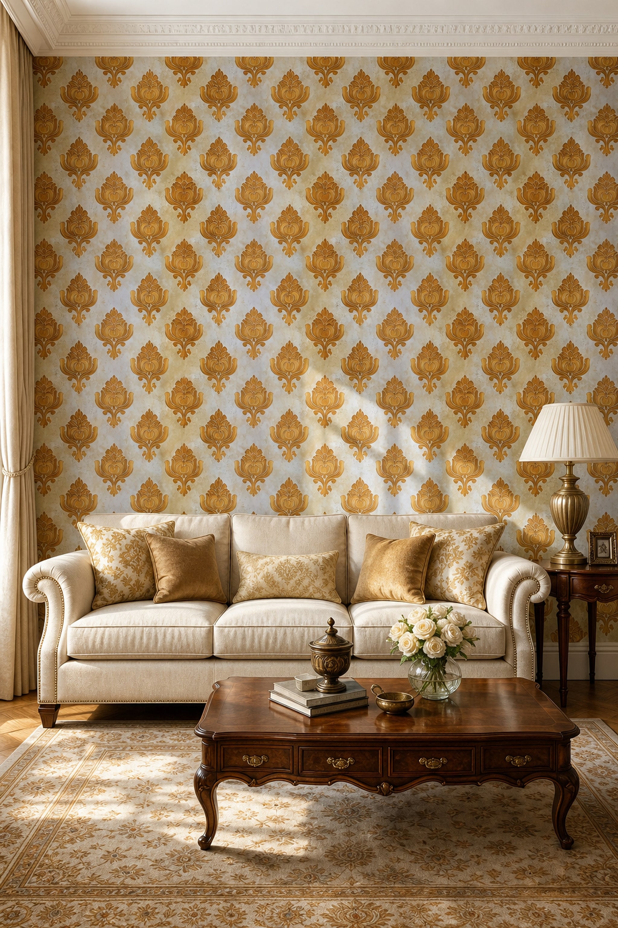 Gold Damask Wallpaper Ornate Floral Medallion Removable Traditional Classic Wall Double Roll