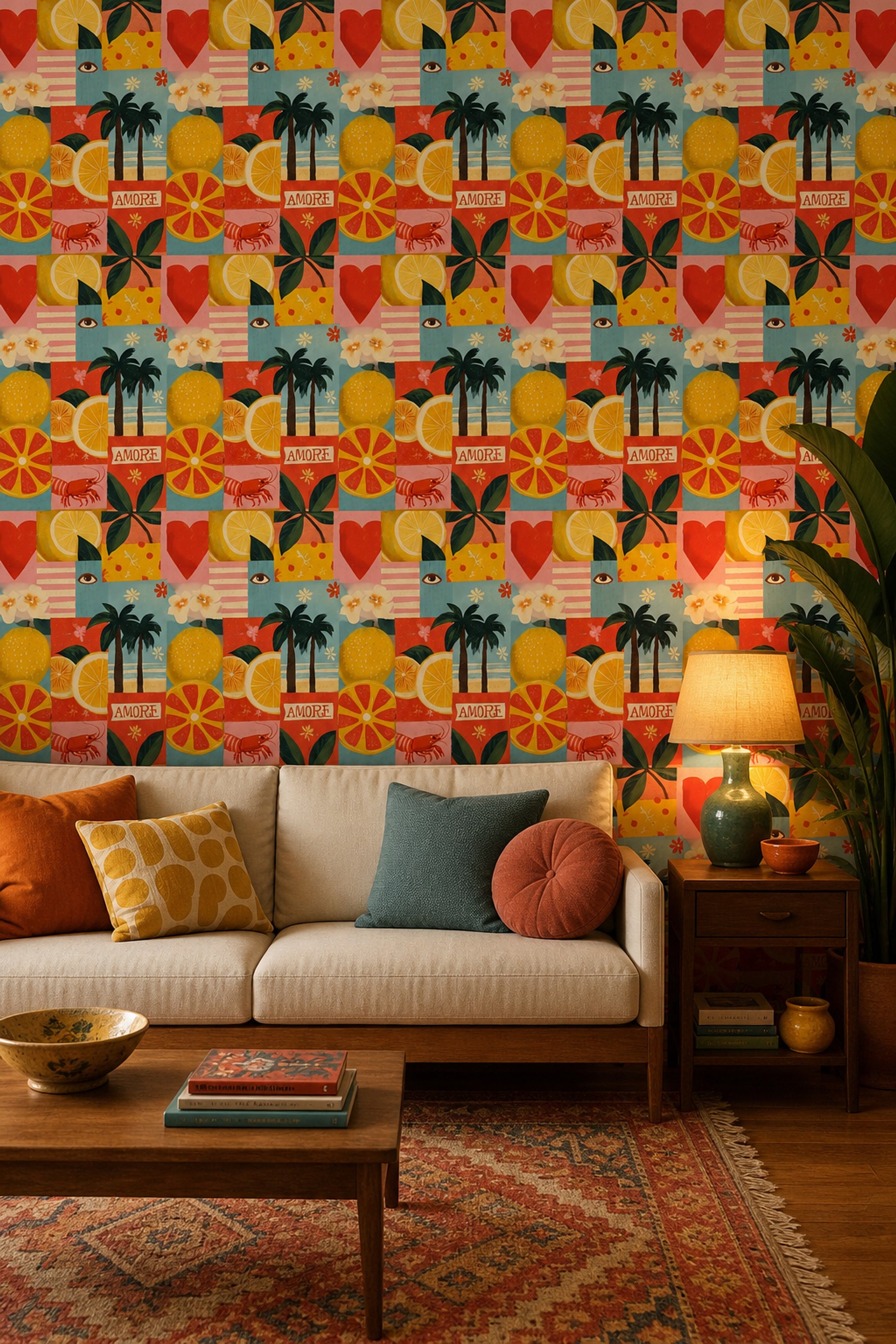 Abstract Collage Wallpaper Citrus Fruit Removable Palm Trees Wall Double Roll