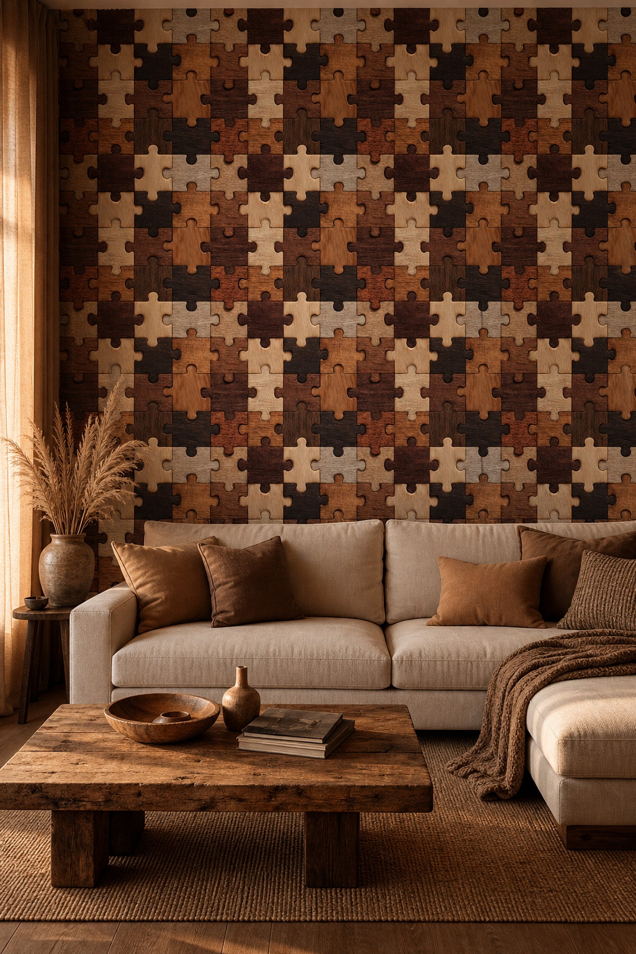 Wooden Jigsaw Puzzle Wallpaper Geometric Shapes Wood Grain Texture Removable Wall Decor