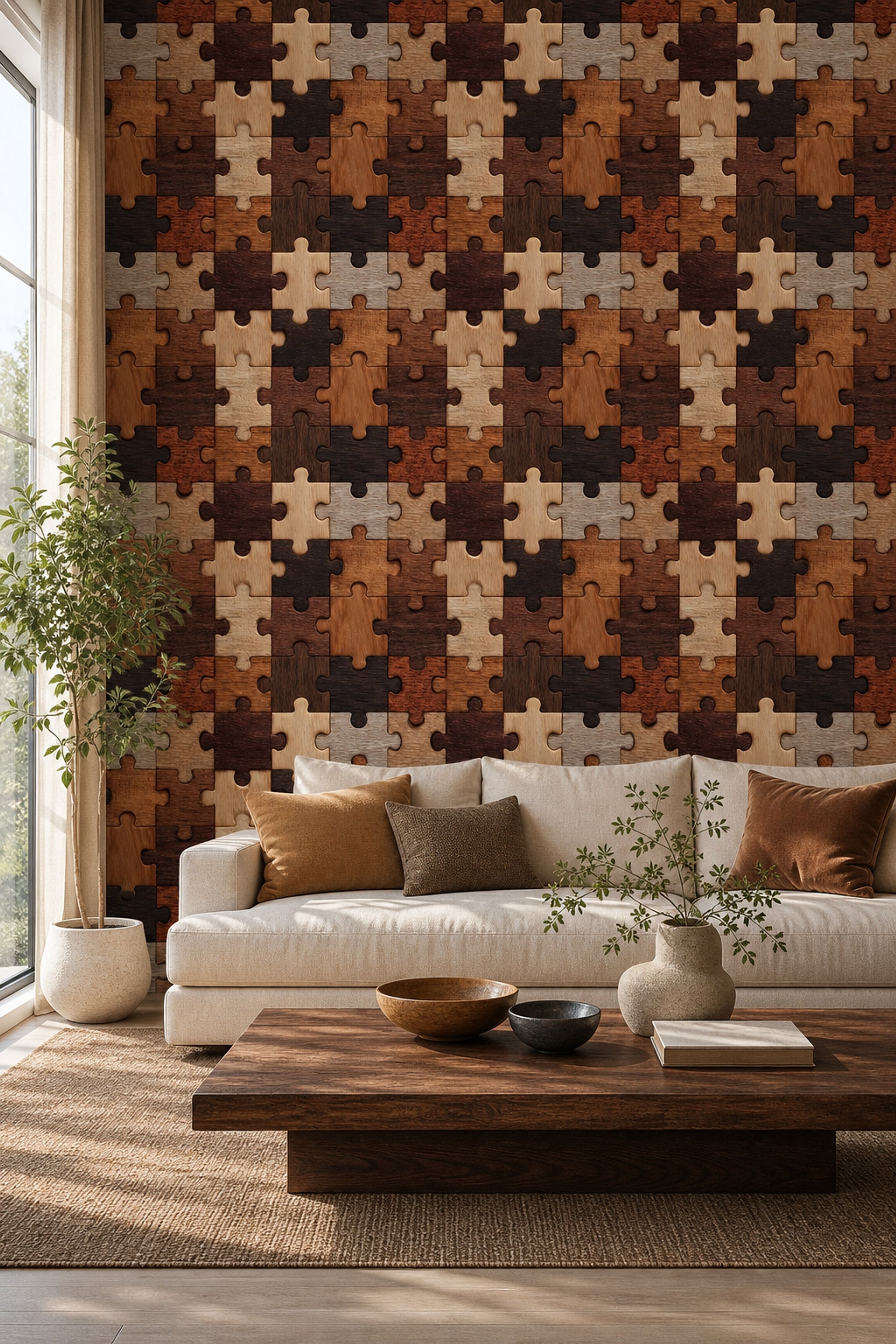 Wooden Jigsaw Puzzle Wallpaper Geometric Shapes Wood Grain Texture Removable Wall Decor
