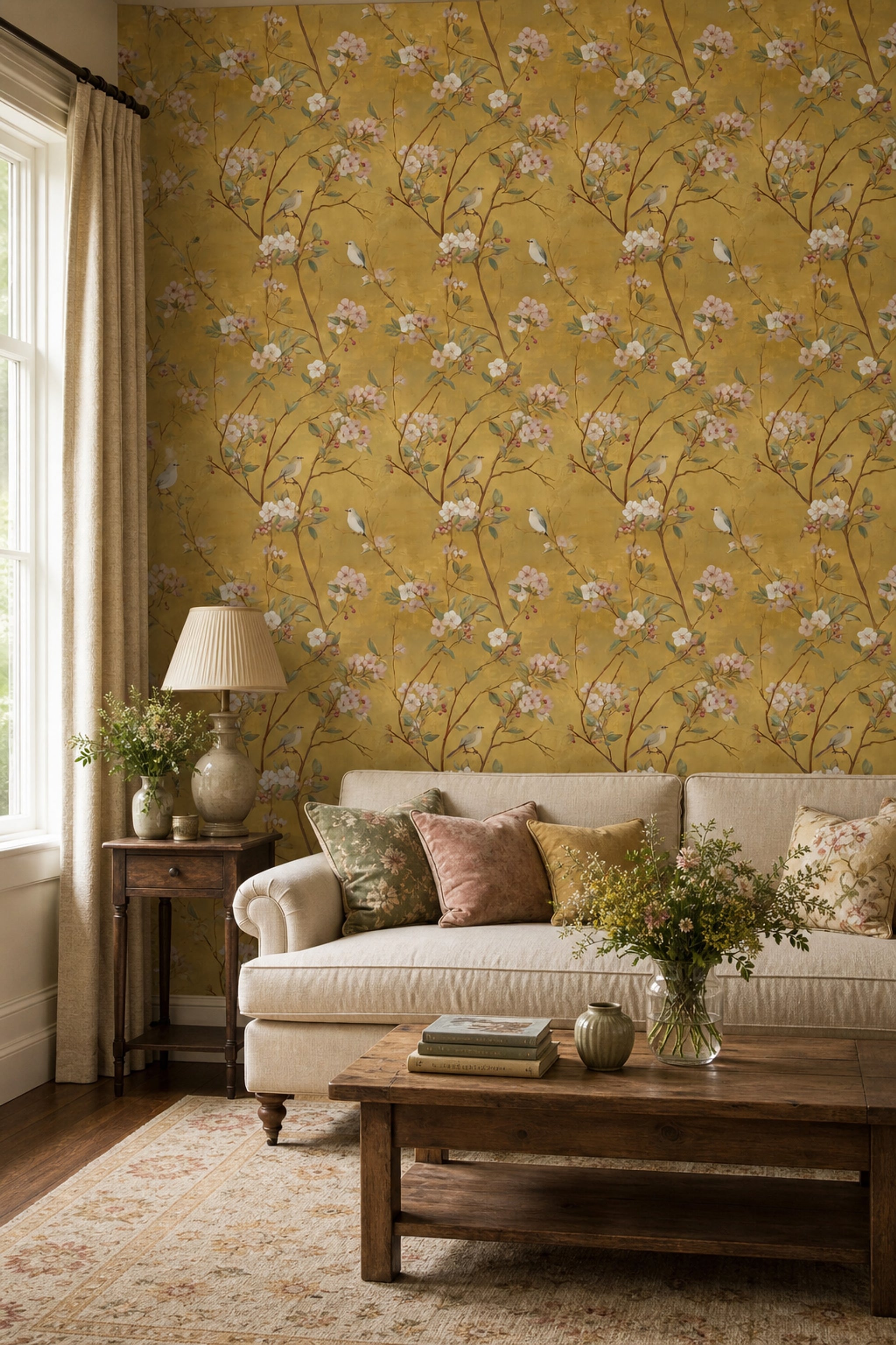 Floral Branches Wallpaper Cherry Blossom Songbirds Decorative Mural