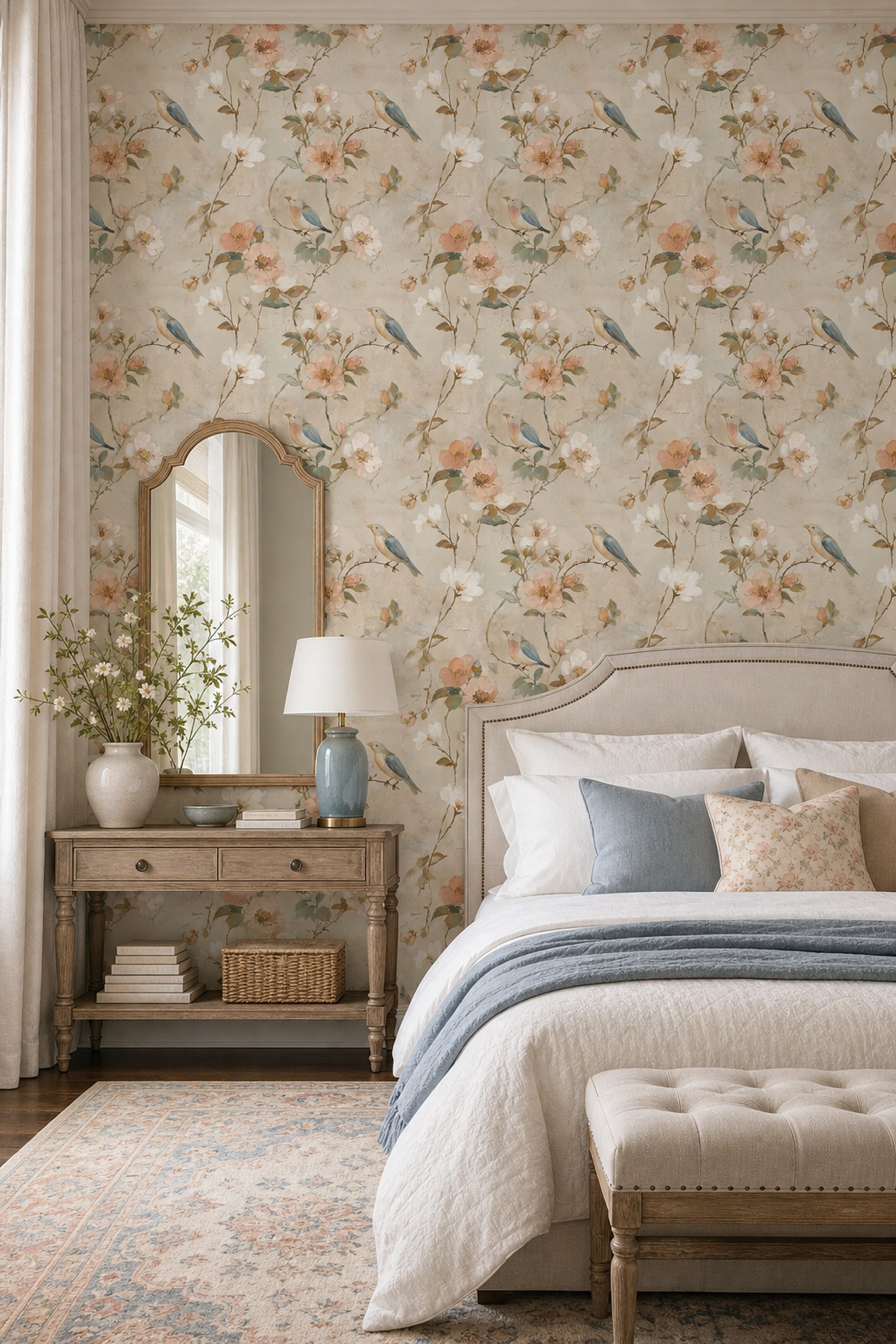 Muted Green Wallpaper Sage Bird Decorative Mural