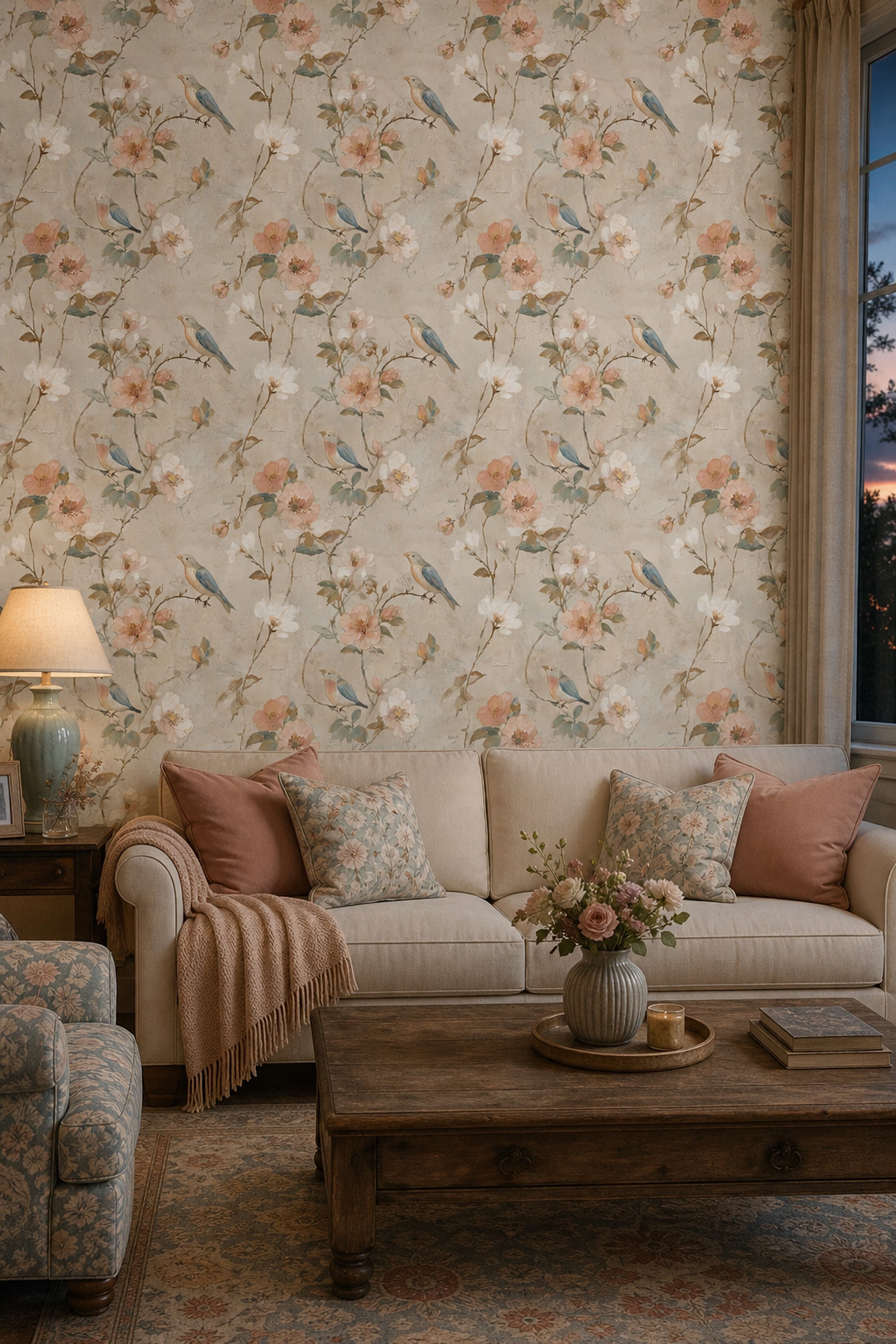 Muted Green Wallpaper Sage Bird Decorative Mural