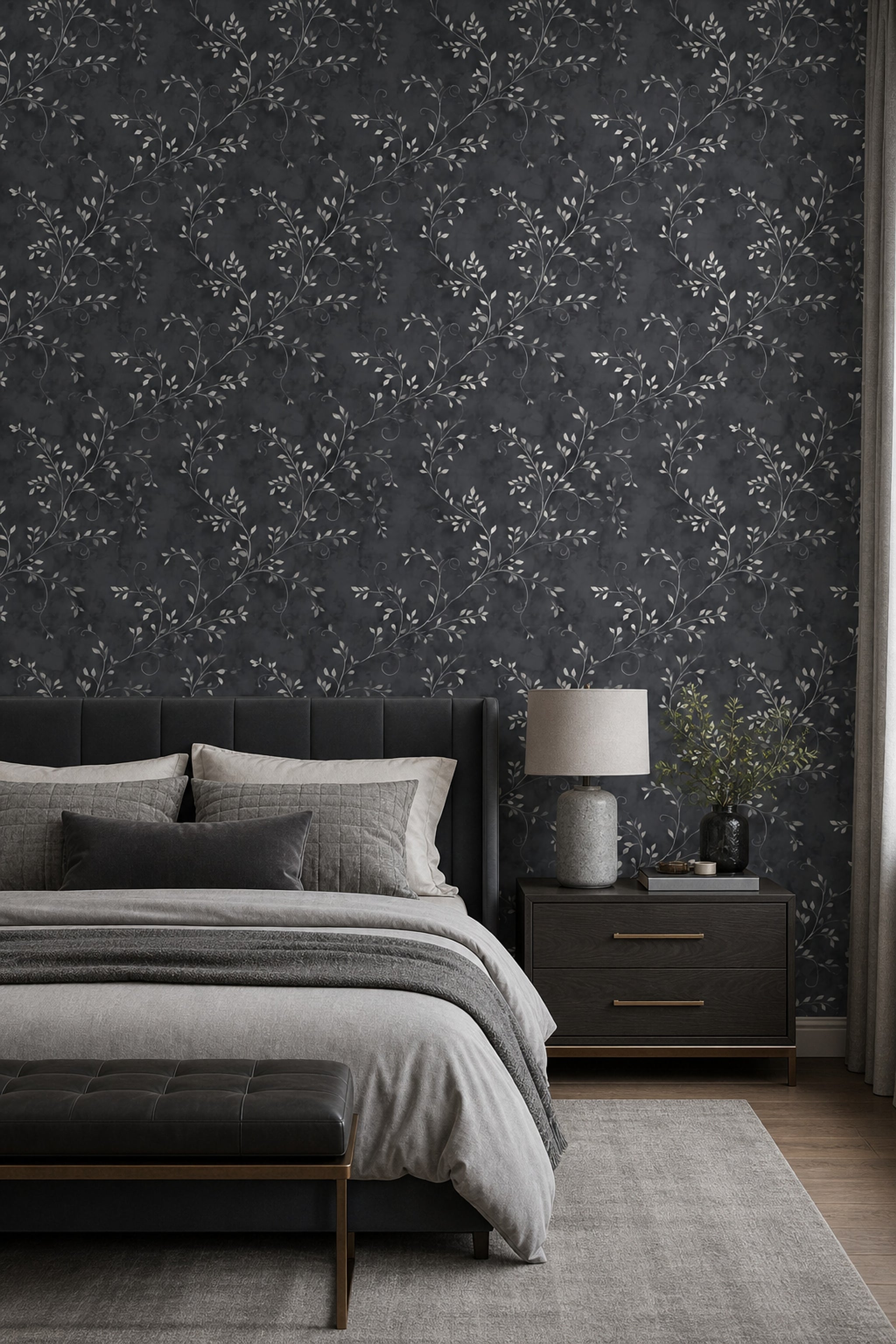 Botanical Vines Wallpaper Charcoal Gray Moody Elegant Decorative Mural