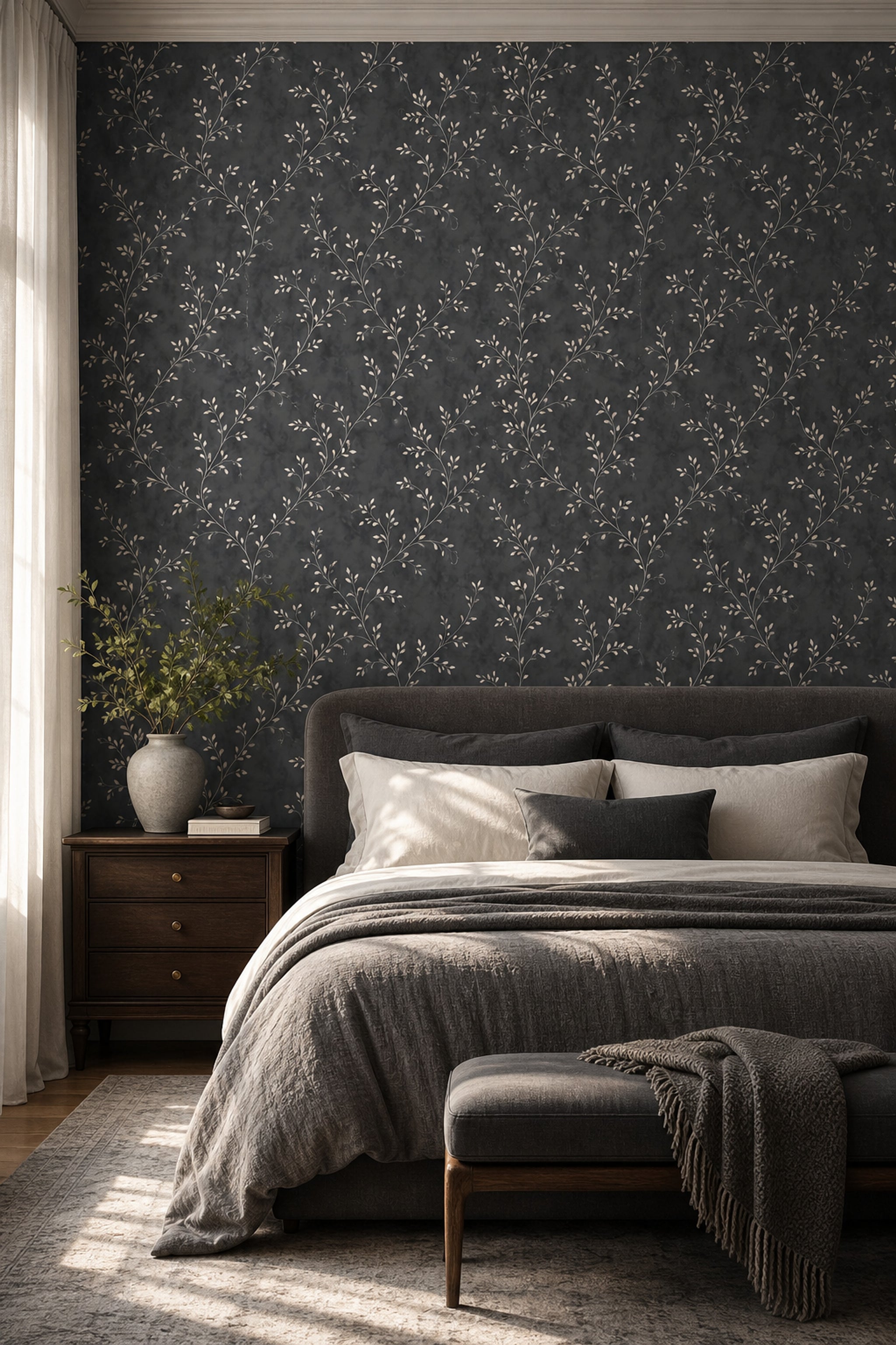 Botanical Vines Wallpaper Charcoal Gray Moody Elegant Decorative Mural
