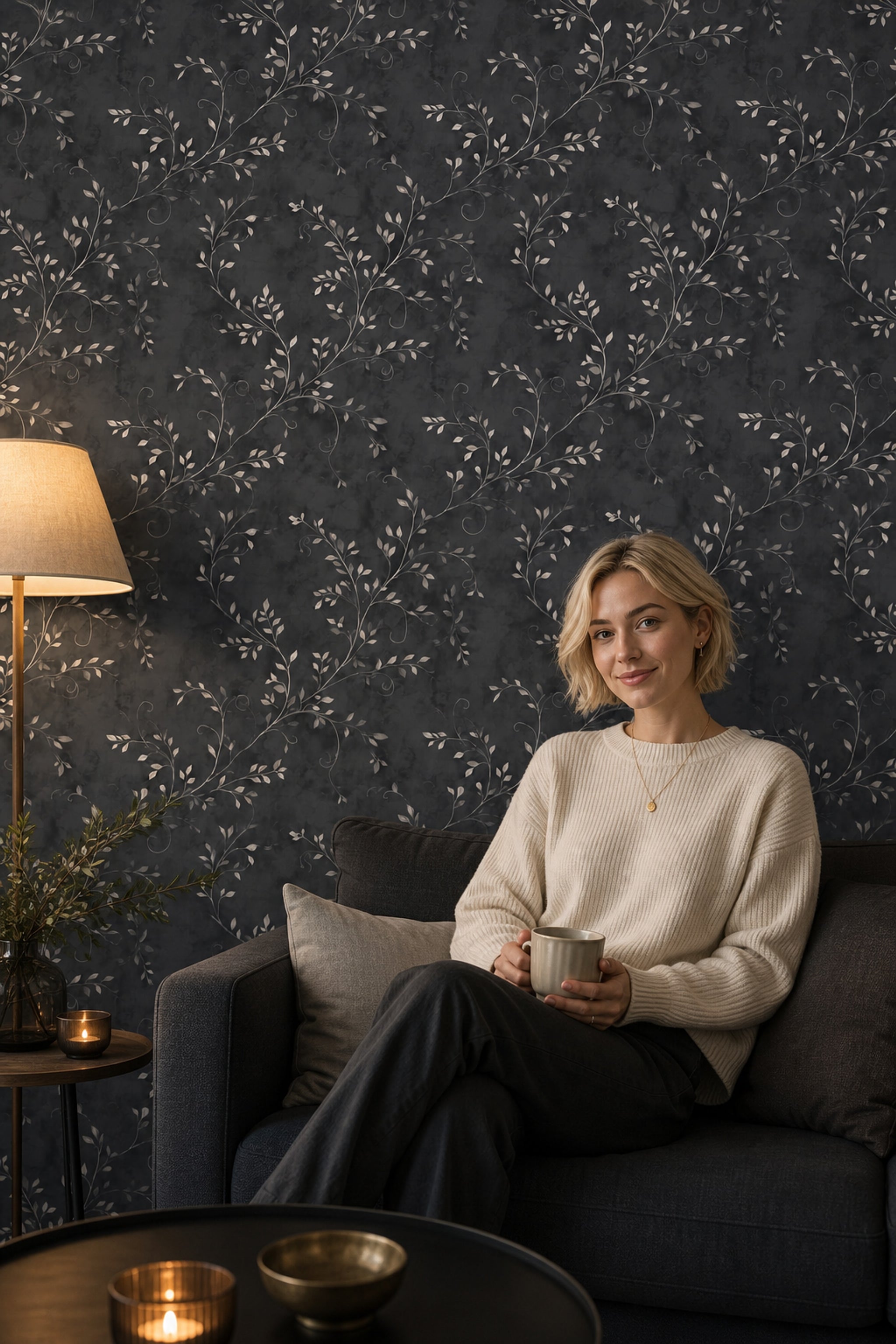 Botanical Vines Wallpaper Charcoal Gray Moody Elegant Decorative Mural