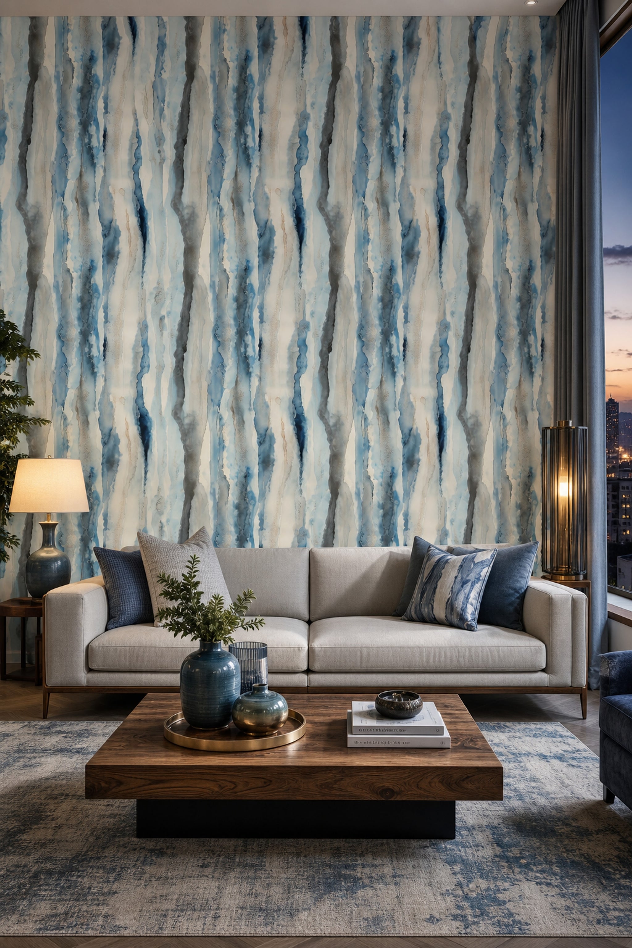 Abstract Watercolor Wallpaper Blue Vertical Stripes Ink Wash Removable Wall Decor