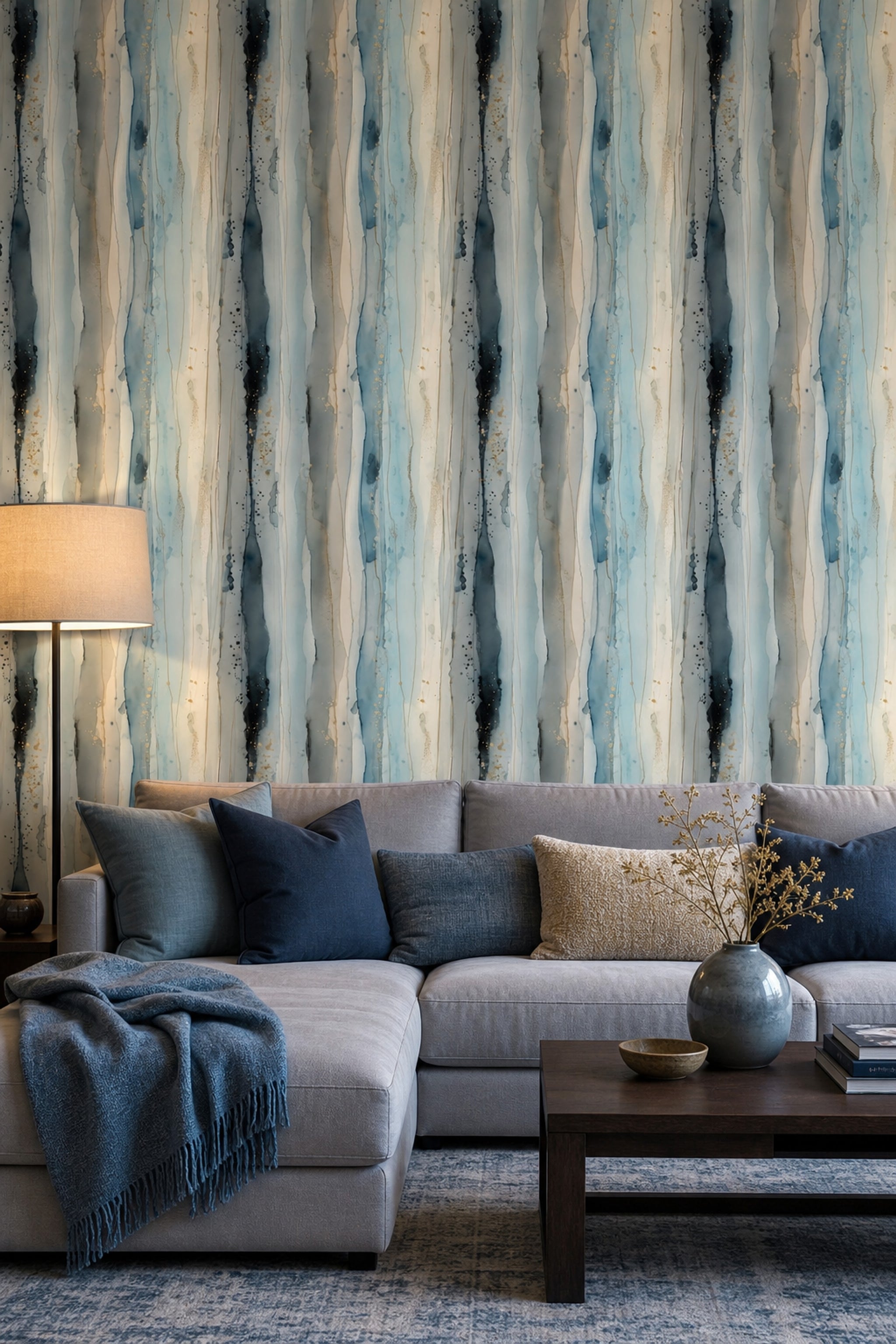 Abstract Watercolor Wallpaper Vertical Stripes Gold Accents Decorative Mural