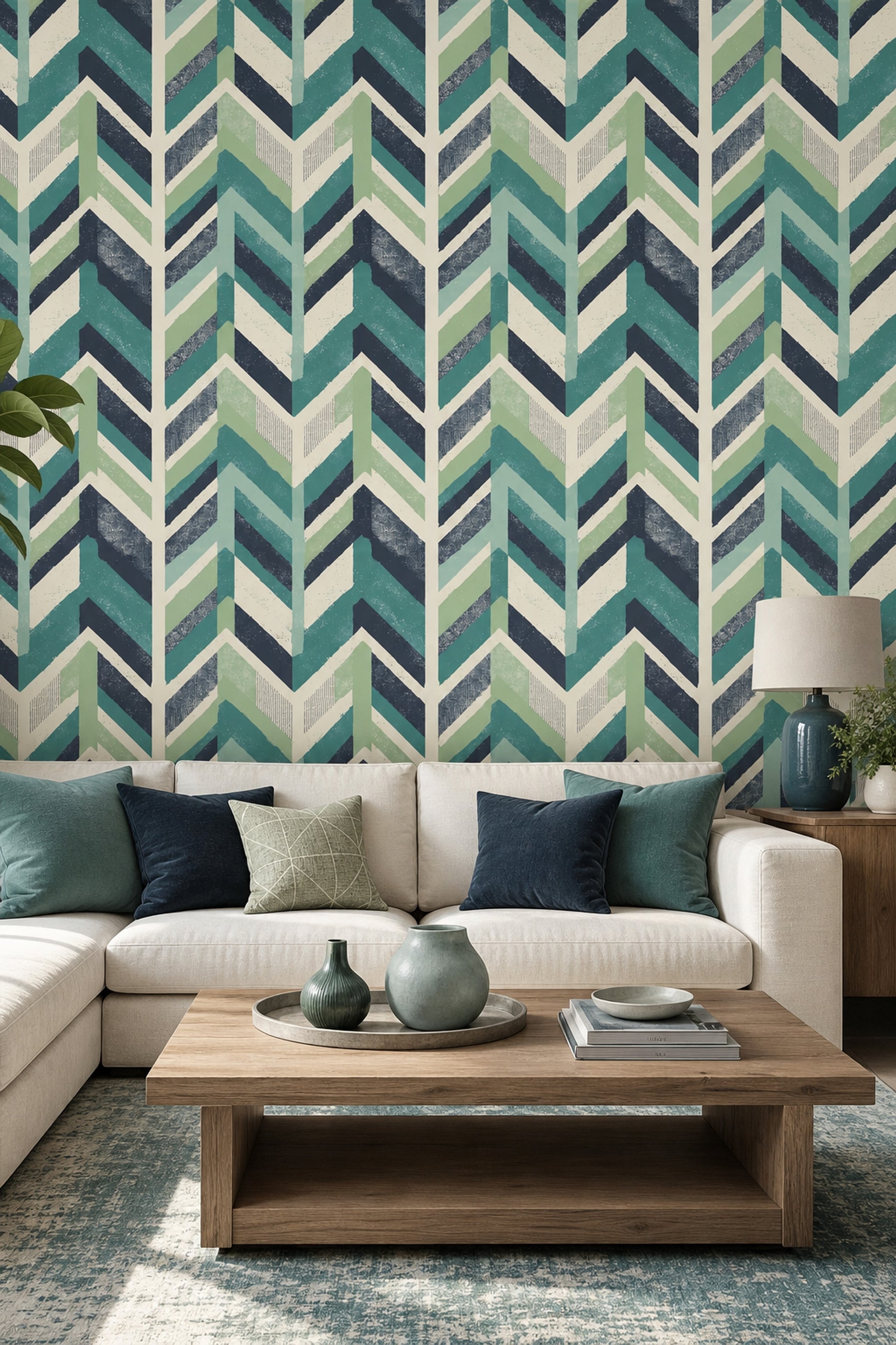 Geometric Chevron Wallpaper Teal Green Stripes Wall Mural