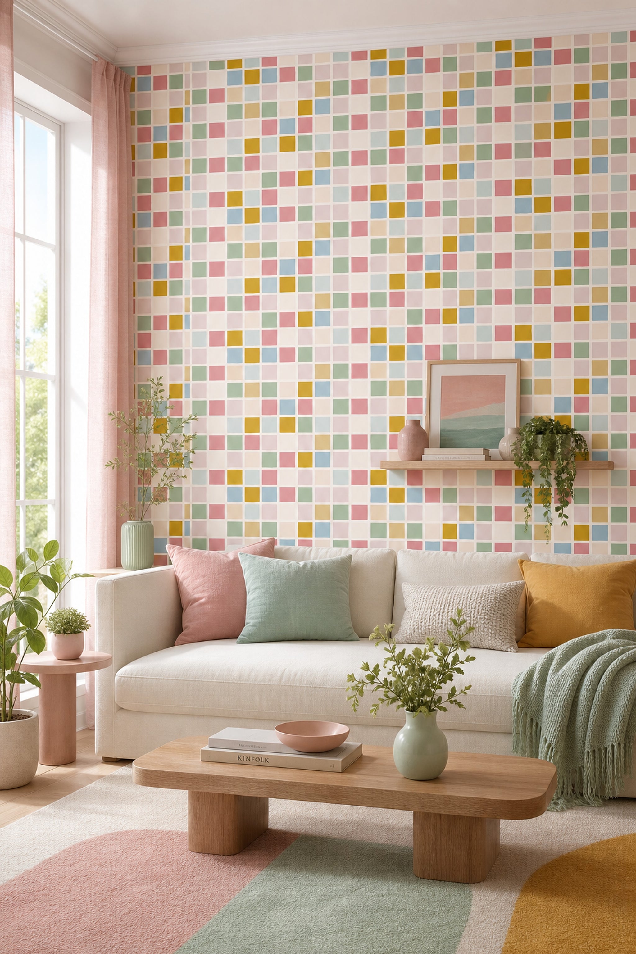 Geometric Grid Wallpaper Pastel Color Block Decorative Mural