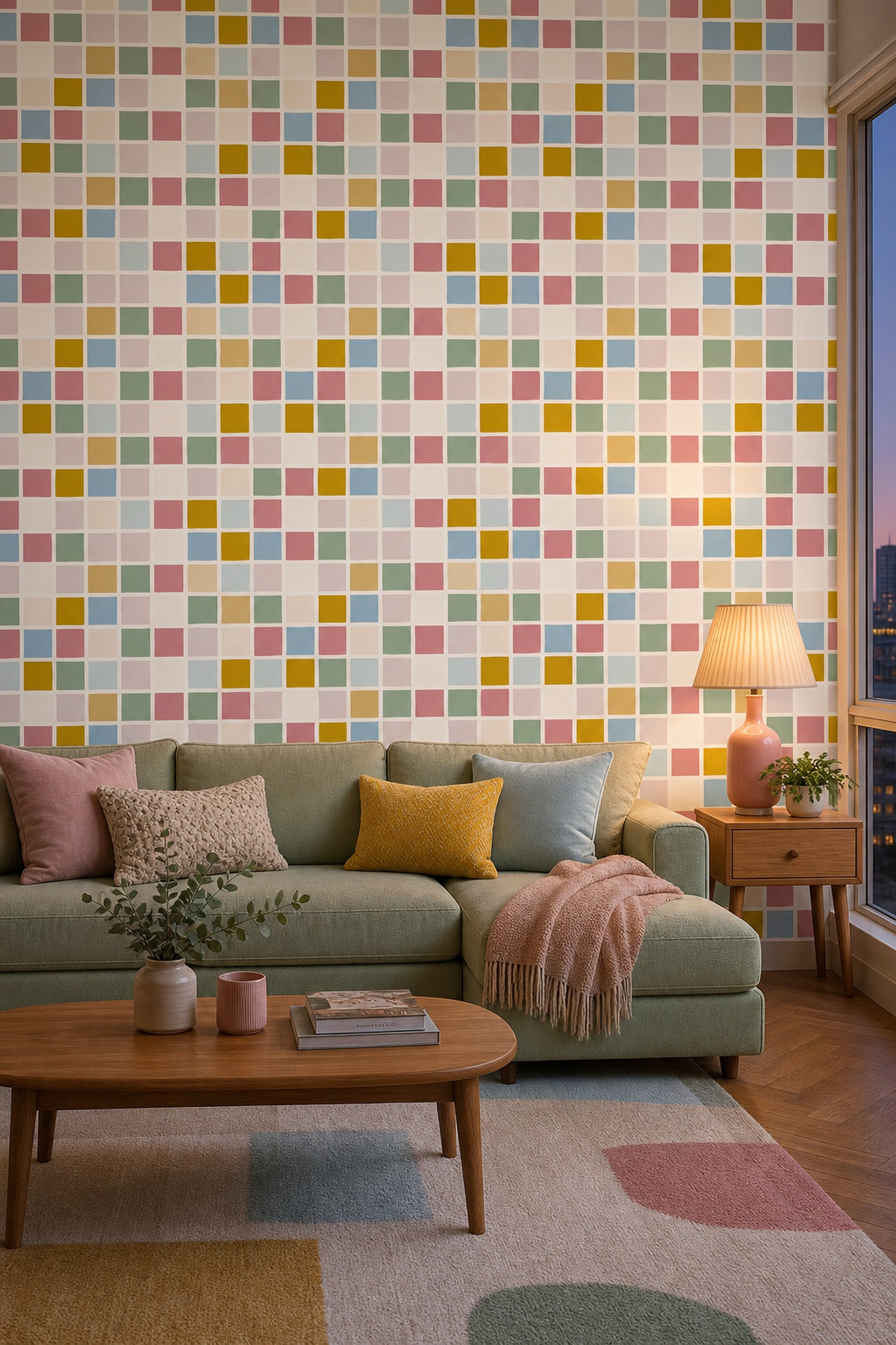 Geometric Grid Wallpaper Pastel Color Block Decorative Mural
