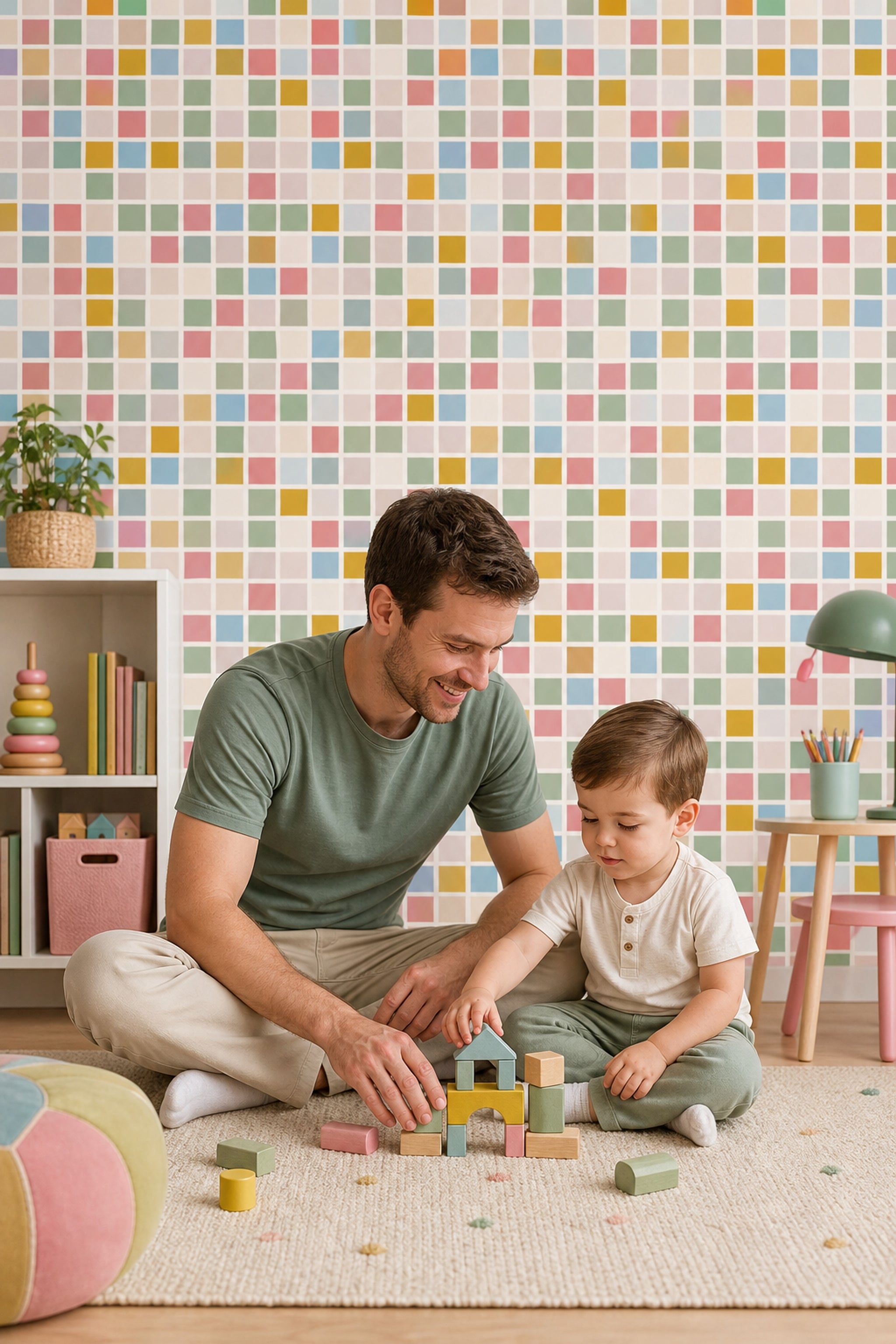 Geometric Grid Wallpaper Pastel Color Block Decorative Mural