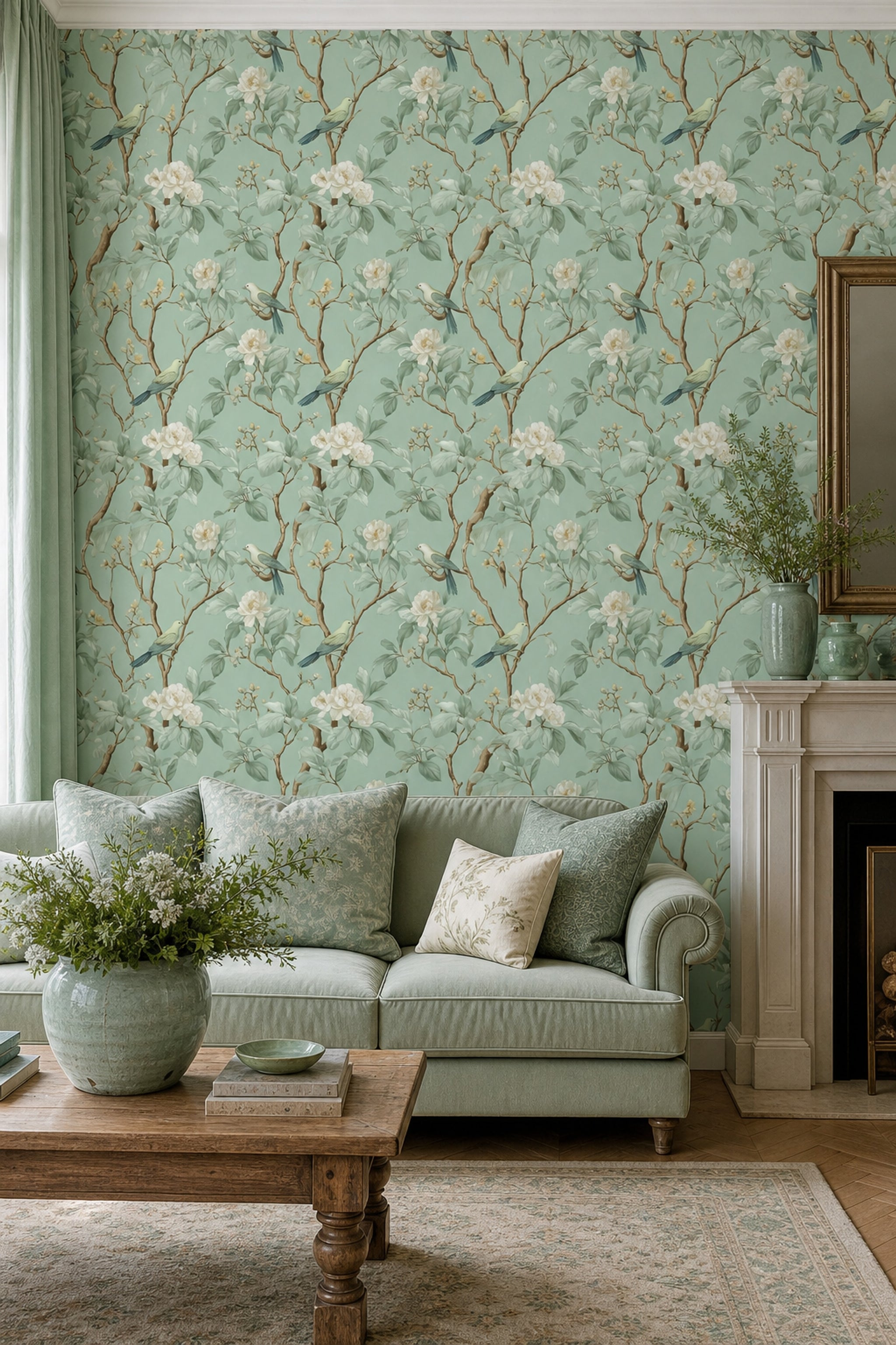 Botanical Wallpaper Birds Removable Vintage Illustration Wall Double Roll