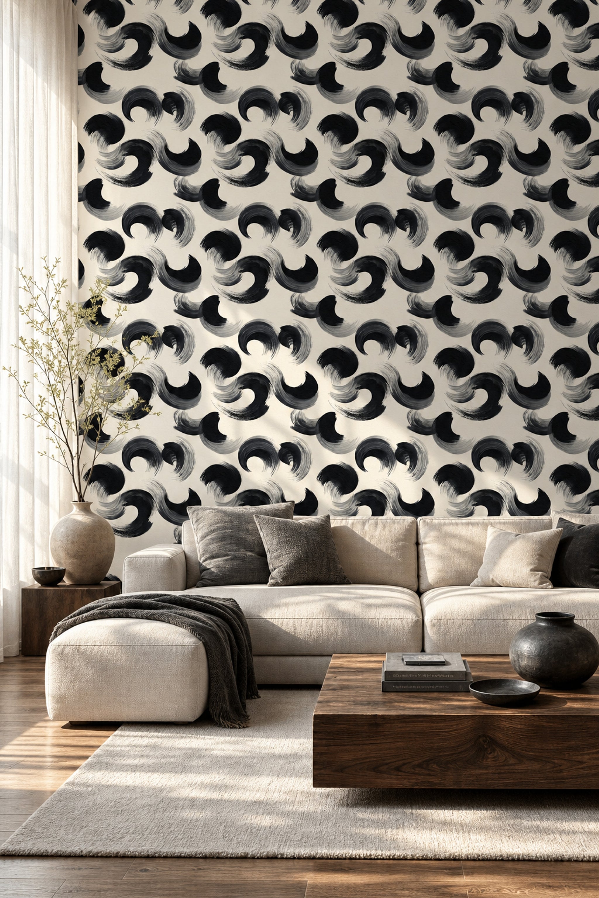 Abstract Brushstroke Wallpaper Black Ink Calligraphy Decorative Mural