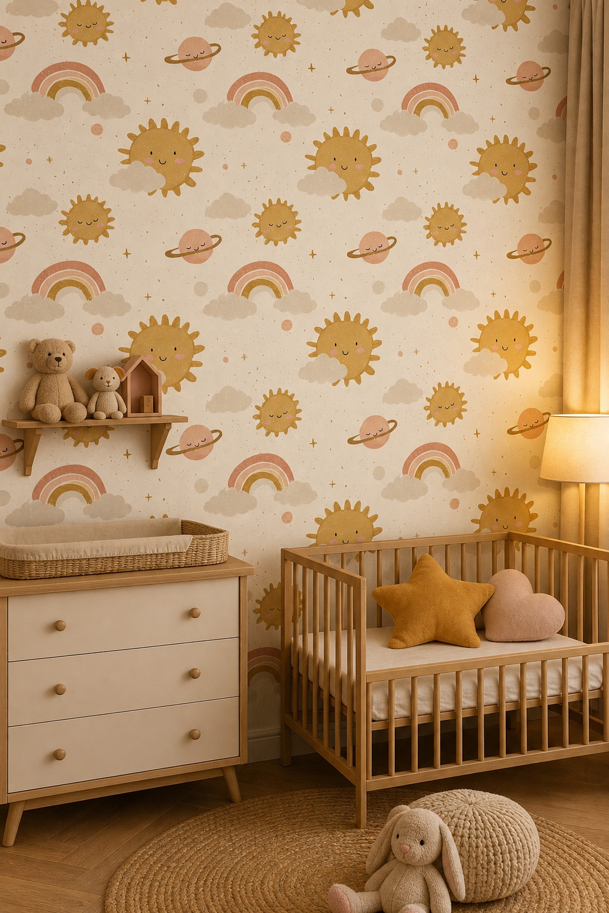 Celestial Wallpaper Cute Sun Faces Removable Rainbow Wall Double Roll