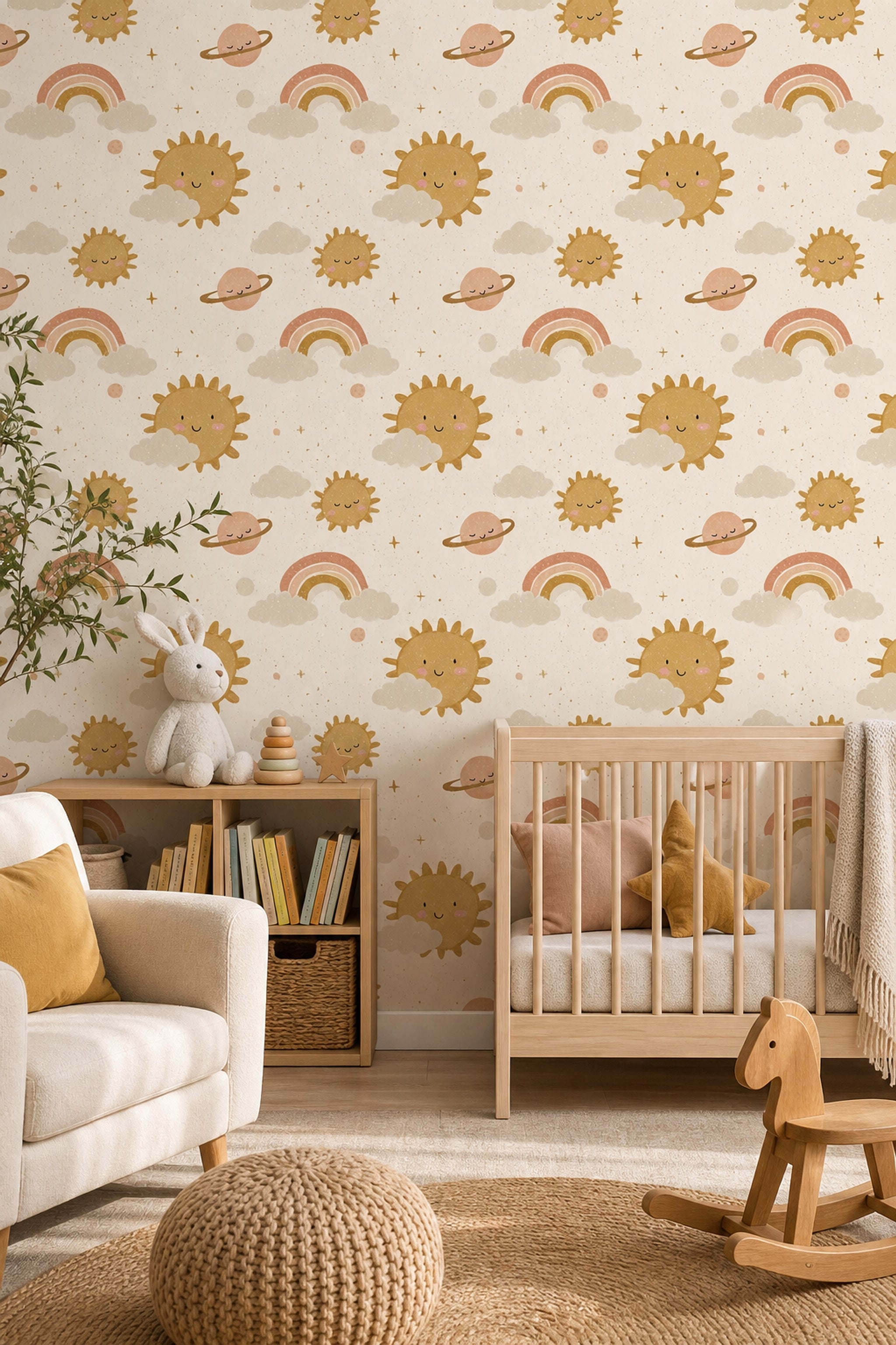 Celestial Wallpaper Cute Sun Faces Removable Rainbow Wall Double Roll
